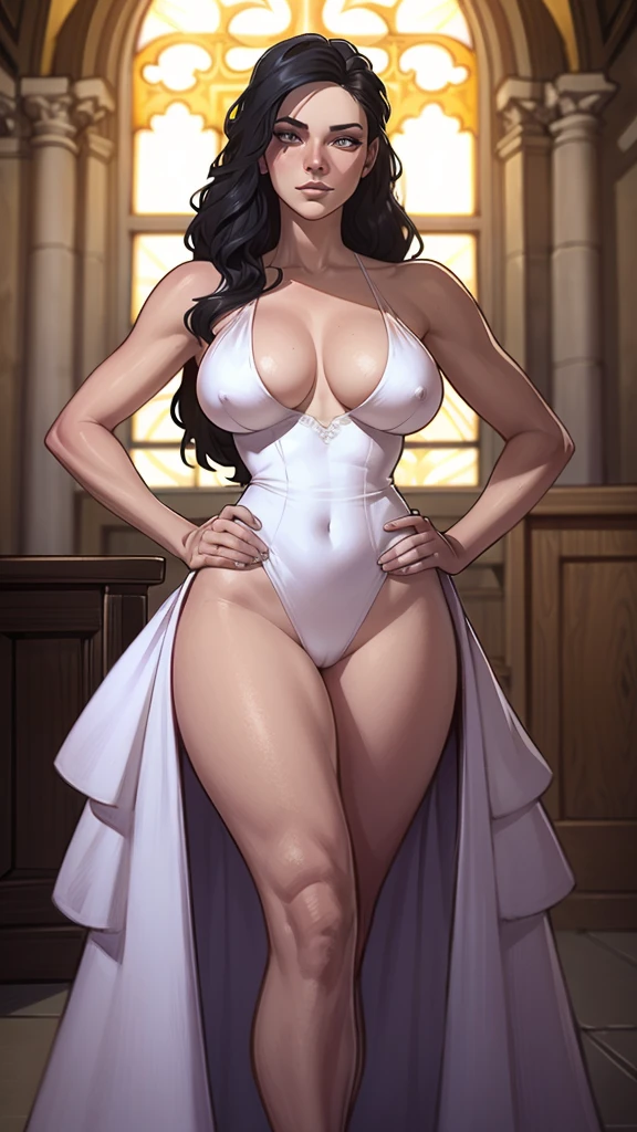 ((ultra detalhado, Obra de arte, melhor qualidade))
 W3Yennefer, 1 garota, Sozinho, olhos roxos, vestir, vestindo um traje de casamento deslumbrante, bridal veil, dentro de uma bela igreja, with hands on hips firm breasts slim and sculptural body tall woman naked boobs