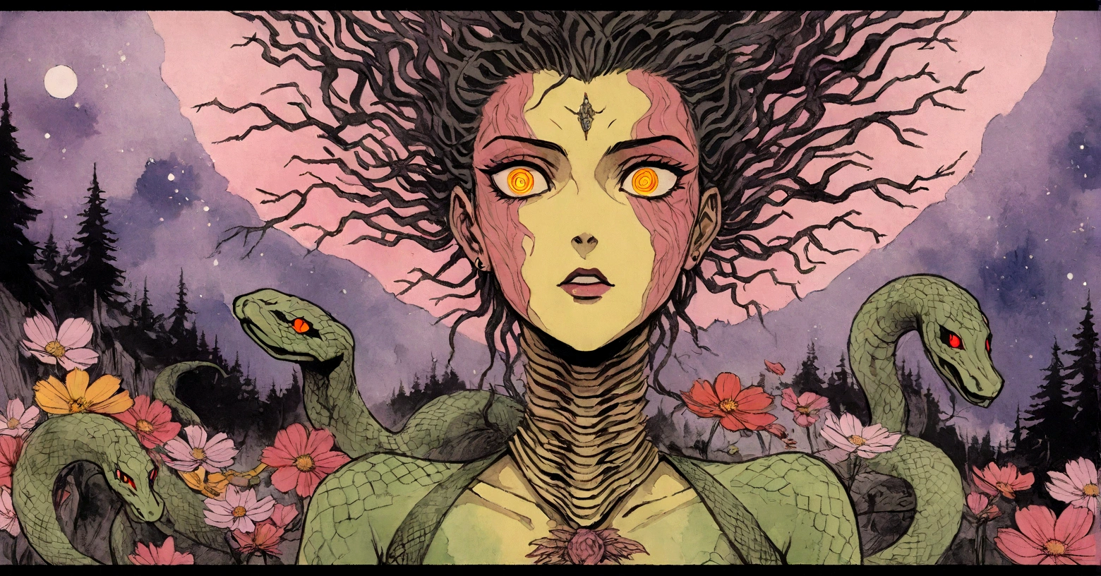 Medusa, splash page decompressed comic cover art, ink style figure, ((expressive Joelle Jones and "Sean Gordon Murphy" comic drawing)), wordless, cinematic poster, abyss void black no visibility darkness, forest green, earth brown), morphology anatomy drawn Frederic Delavier musculature anatomical illustration, (face, ornate black metal corpse paint, resembles Grace Jones), full length portrait, colors, bleak muted deep fiery radiant glowing ROYGBIV, (background, pine barrens, entropy, rewilding, magic hour sunset, galaxy stars, cosmos), candid, snake skin dress, (body, Naga, snakefolk, lower body snake tail, snake woman hybrid, bald, hairless, skeleton, snake skin tattoos, piercing eyes, snake pupils, over the shoulder), craftsmanship nuance, (Gerardo Zaffino charcoal), (horror, abstract, surreal, body, cosmic), subliminal orchids, nyctophobia, silhouette, double exposure, image within image,
