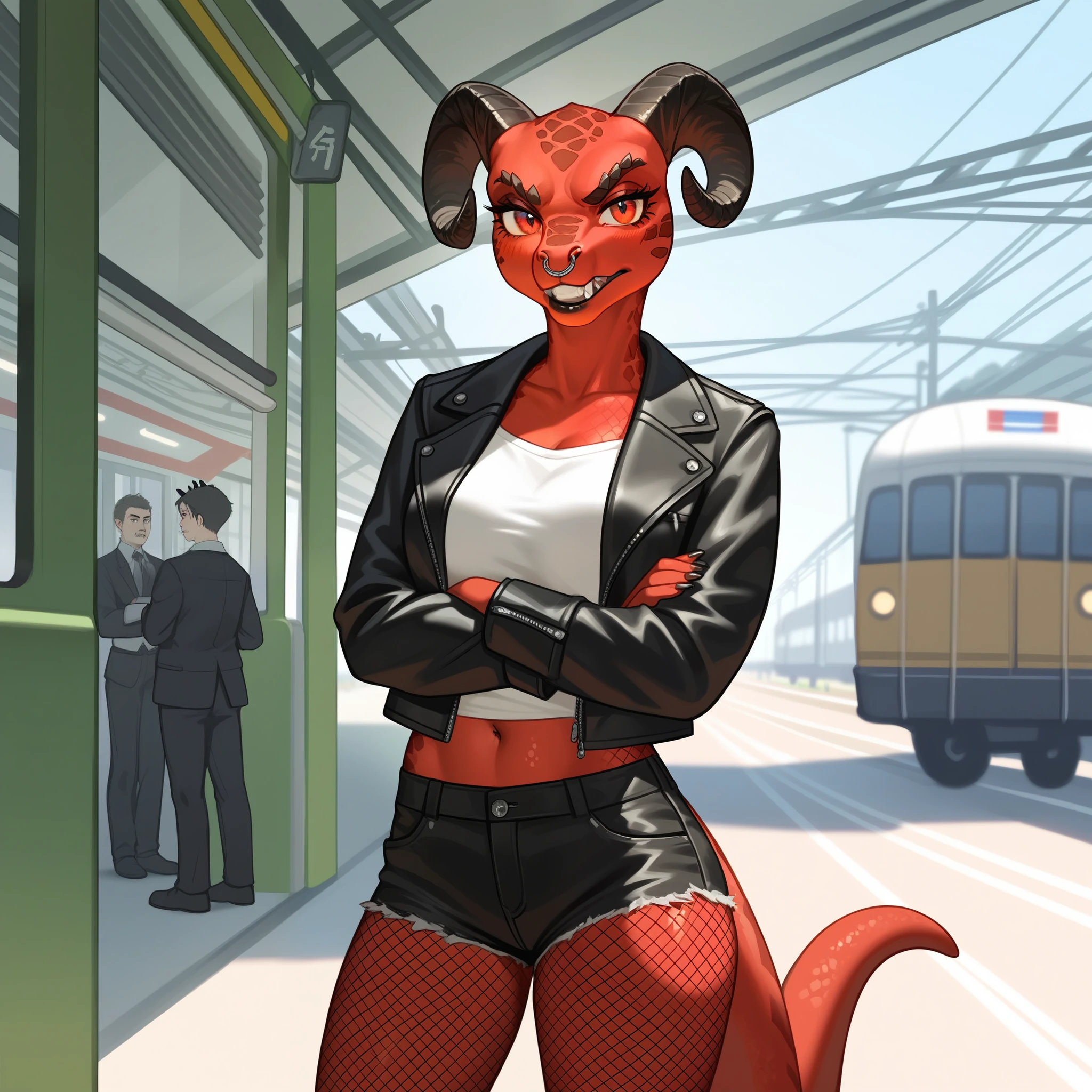 , score_9,score_8_up,score_7_up, anthro Argonian female from skyrim, kemono style, Anthro reptile girl, snout, all red skin, some black scales, red eyes, black lips, black horns, black ram horns, red tail, black lips, nose piercing, wearing black leather jacket, black crop top, black ripped short shorts, black fishnet leggings, gritting teeth, pouting, annoyed, front view, cowboy shot, front view , standing, outdoors, in a train station, ghetto train station, arms crossed