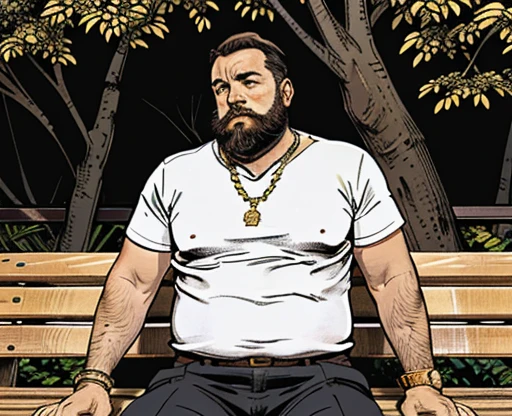 He is sitting with his legs open and resting one arm on the park bench., He is a chubby man, with extremely thick thighs, a large belly, fat, 50 years old, bearded, with a huge beard, wearing an open, unbuttoned plaid t-shirt, (((usando apenas sunga branca meias pretas, despido, now ))), gold chain neck rings, watch on wrist, pulseiras no pulso, fotografia de Corpo completo imagem de corpo inteiro, low side angles. Detailed image dynamic image. He doesn&#39;t wear clothes.