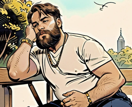 He is sitting with his legs open and resting one arm on the park bench., He is a chubby man, with extremely thick thighs, a large belly, fat, 50 years old, bearded, with a huge beard, wearing an open, unbuttoned plaid t-shirt, (((usando apenas sunga branca meias pretas, despido, now ))), gold chain neck rings, watch on wrist, pulseiras no pulso, fotografia de Corpo completo imagem de corpo inteiro, low side angles. Detailed image dynamic image. He doesn&#39;t wear clothes.