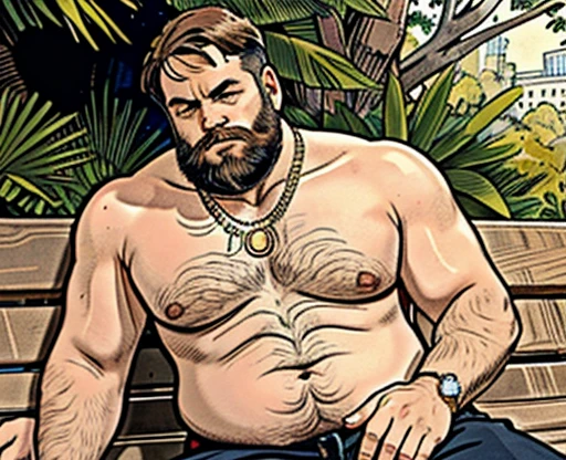 He is sitting with his legs open and resting one arm on the park bench., He is a chubby man, with extremely thick thighs, a large belly, fat, 50 years old, bearded, with a huge beard, wearing an open, unbuttoned plaid t-shirt, (((usando apenas sunga branca meias pretas, despido, now ))), gold chain neck rings, watch on wrist, pulseiras no pulso, fotografia de Corpo completo imagem de corpo inteiro, low side angles. Detailed image dynamic image. He doesn&#39;t wear clothes.