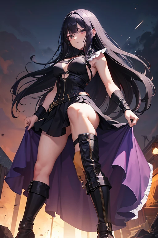 Mujer cabello negro largo. Ojos morados. Dark Purple Sleeveless Full Body Hero Costume, con negro y bordes dorados. Botas largas negras con detalles morados y dorados. Guantes largos sin dedos de color morado oscuro con detalles dorados.