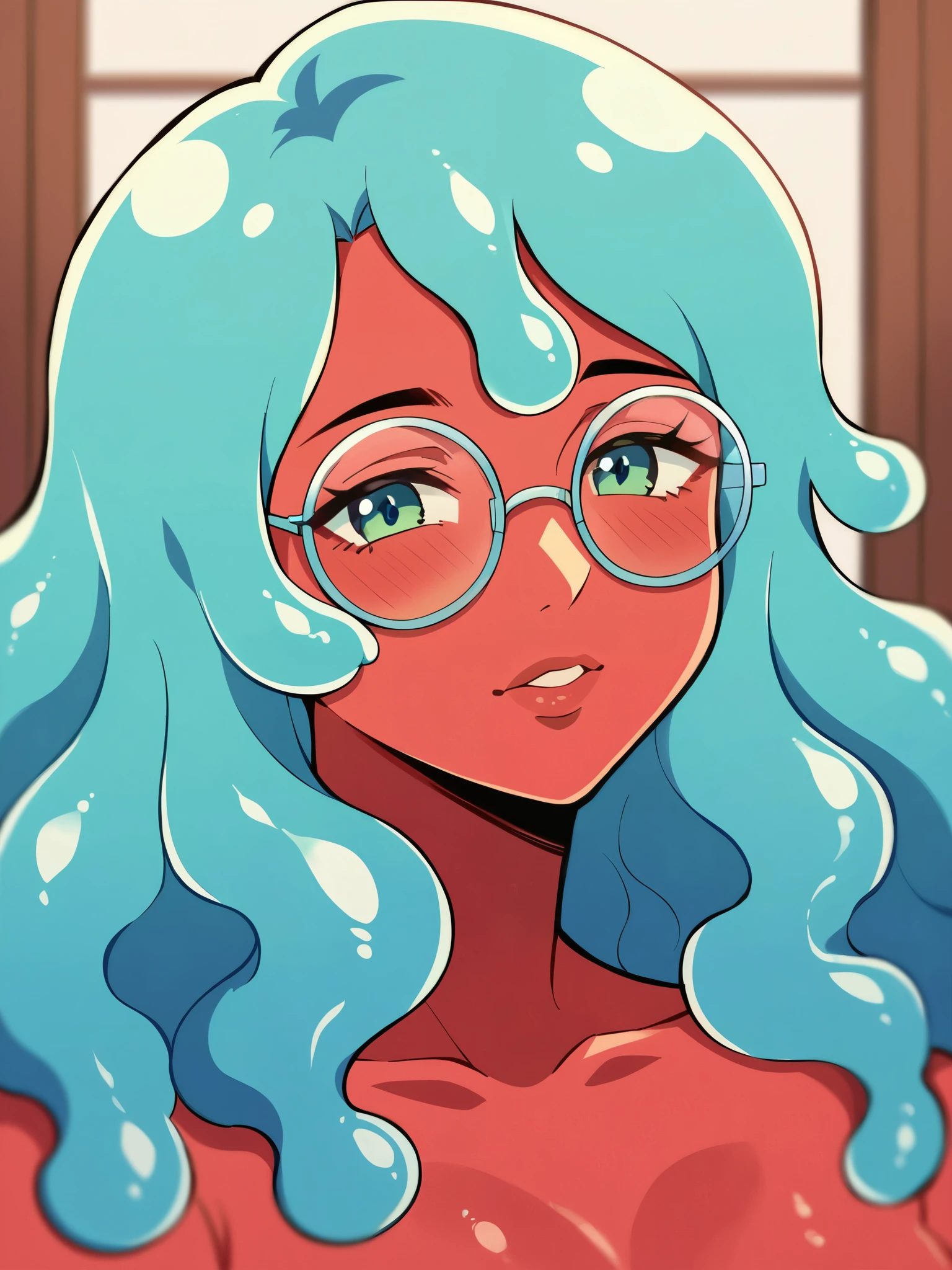 score_9, score_8_up, score_7_up, score_6_up, score_5_up, score_4_up, source_anime, 1girl, slime girl, red skin, smart attire, round eyeglasses, mature, wavy hair, ringlets, solo, slimegirlnsfw, indoors,nude, melting, depth of field, LUT,  medium close shot, detailed, beautiful