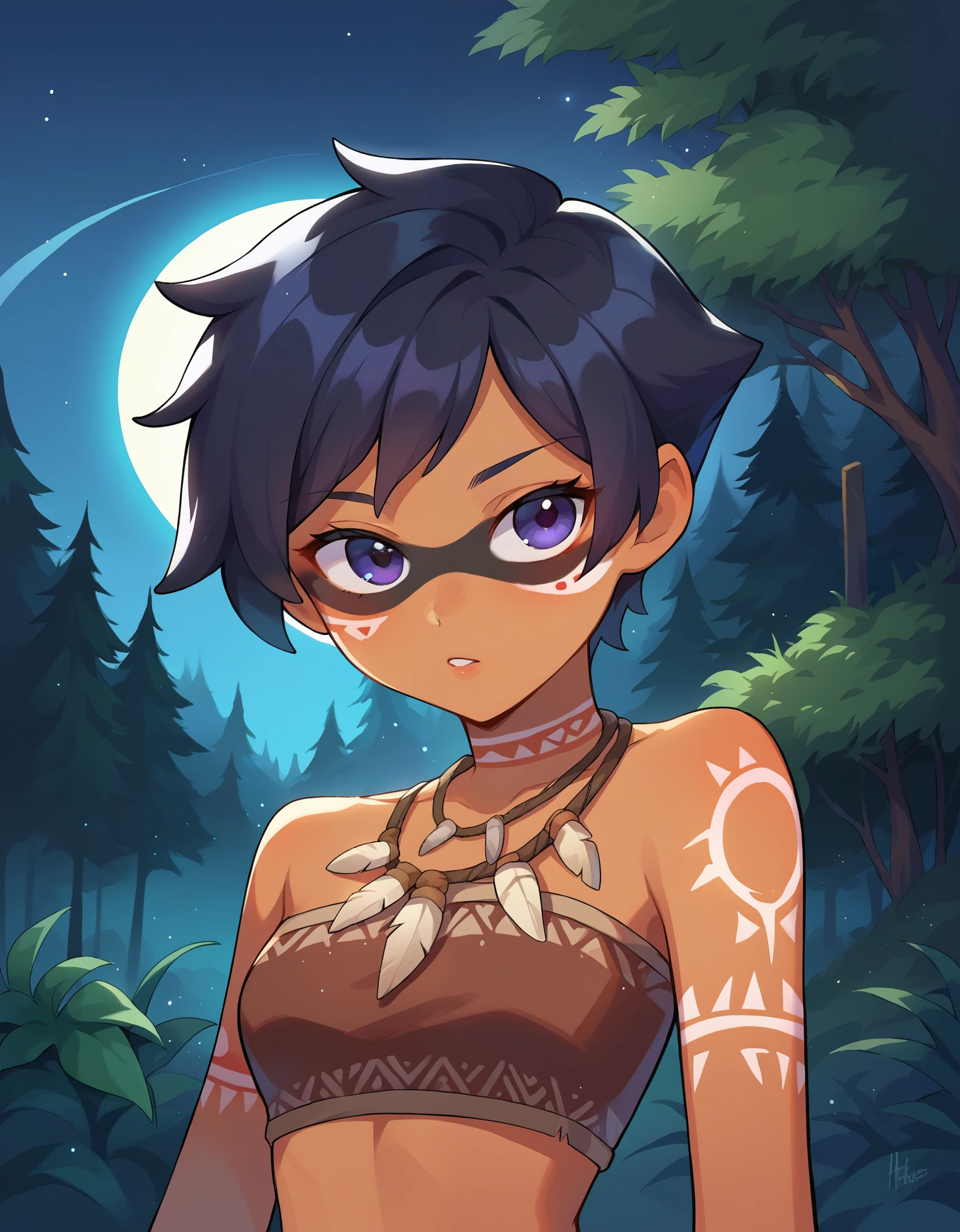 score_9, score_8_up, score_7_up, source_anime, rating_safe, mwk,, 1girl, glowing tattoo, tribal tattoo, loincloth, outdoors, night, rainforest, blacklight, upper body, facepaint, 