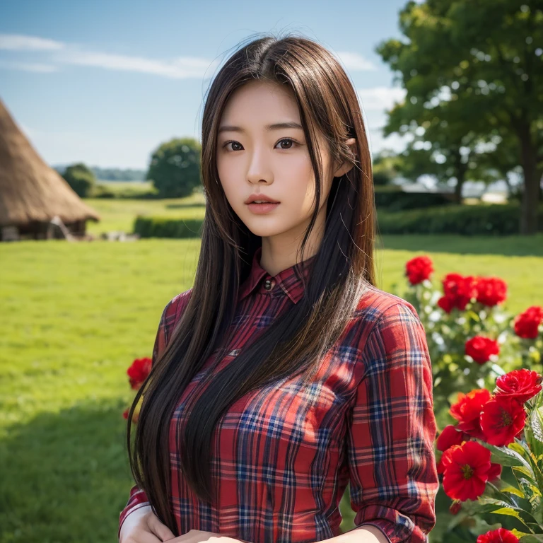Young Asian woman, 25 years old, beautiful, long hair flowing up. A clear and detailed face, 8k,Wear a red and green and blue plaid shirt., In the open countryside there is a thatched hut with red flowers. Different action poses, Take photos 16k,with a high quality Fujicamera.,45,000,000 pixels