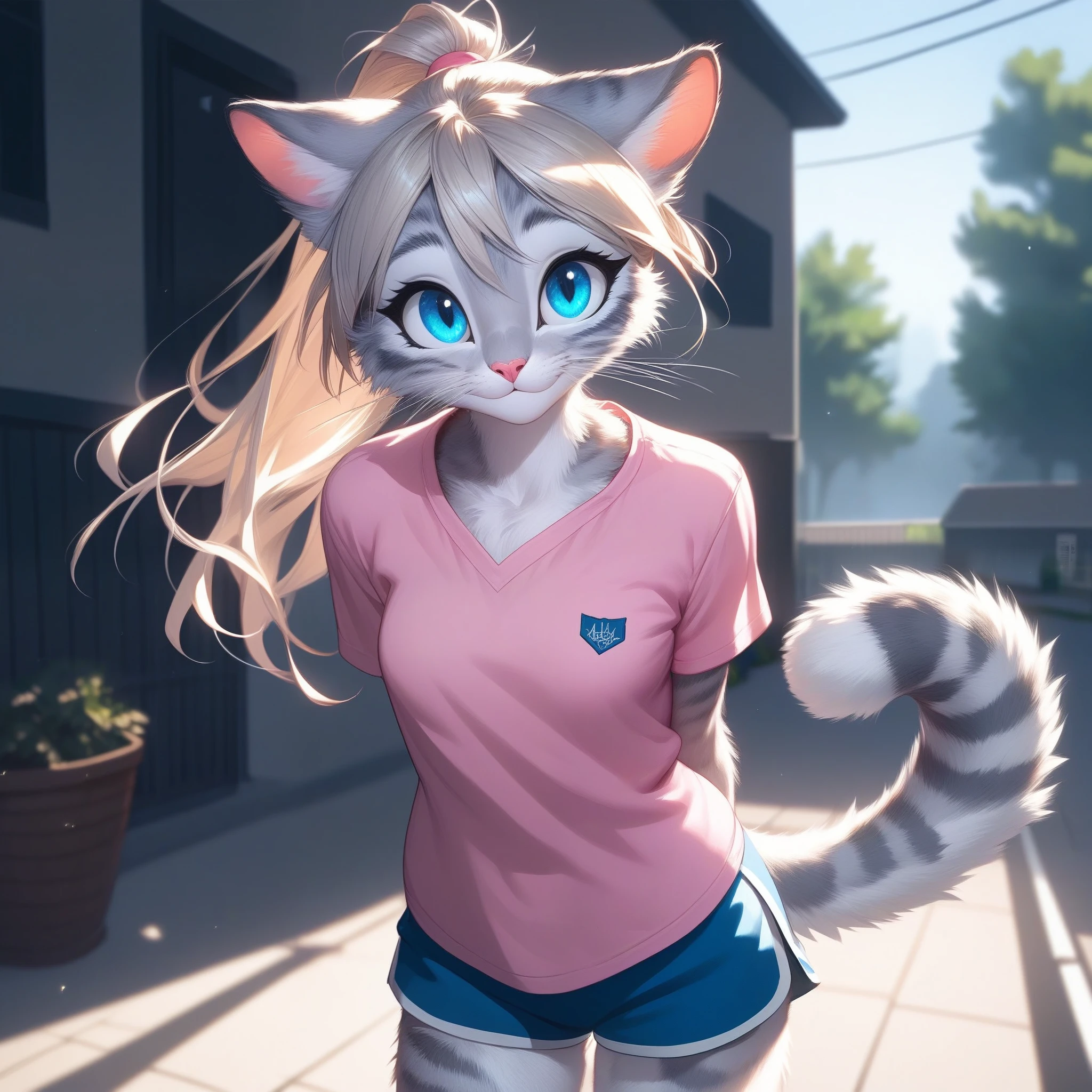 score_9,score_8_up,score_7_up, source_cartoon, source_furry, Kat, a cute Anthro furry feline girl, tall body, hourglass figure, adult female, blue eyes, :3, silver fur, long blonde hair, hair in a ponytail, white whiskers, pink nose, wearingpink shirt with a cute cat on it, white short shorts, bashful pose, hands behind her back, standing, cowboy shot, smiling, outdoors, in a large school campus, school background