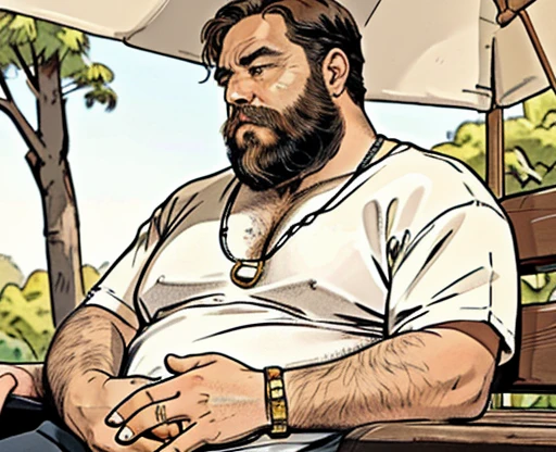 He is sitting with his legs open and resting one arm on the park bench., He is a chubby man, with extremely thick thighs, a large belly, fat, 50 years old, bearded, with a huge beard, wearing an open, unbuttoned plaid t-shirt, usando apenas sunga branca meias pretas, gold chain neck rings, watch on wrist, pulseiras no pulso, fotografia de Corpo completo imagem de corpo inteiro, low side angles. Detailed image dynamic image. He doesn&#39;t wear clothes.