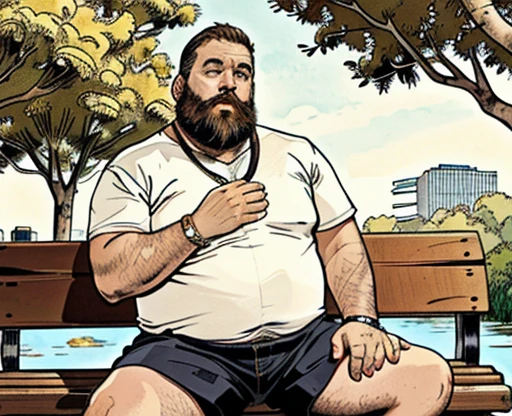 He is sitting with his legs open and resting one arm on the park bench., He is a chubby man, with extremely thick thighs, a large belly, fat, 50 years old, bearded, with a huge beard, wearing an open, unbuttoned plaid t-shirt, (((usando apenas sunga branca meias pretas, despido, now ))), gold chain neck rings, watch on wrist, pulseiras no pulso, fotografia de Corpo completo imagem de corpo inteiro, low side angles. Detailed image dynamic image. He doesn&#39;t wear clothes.