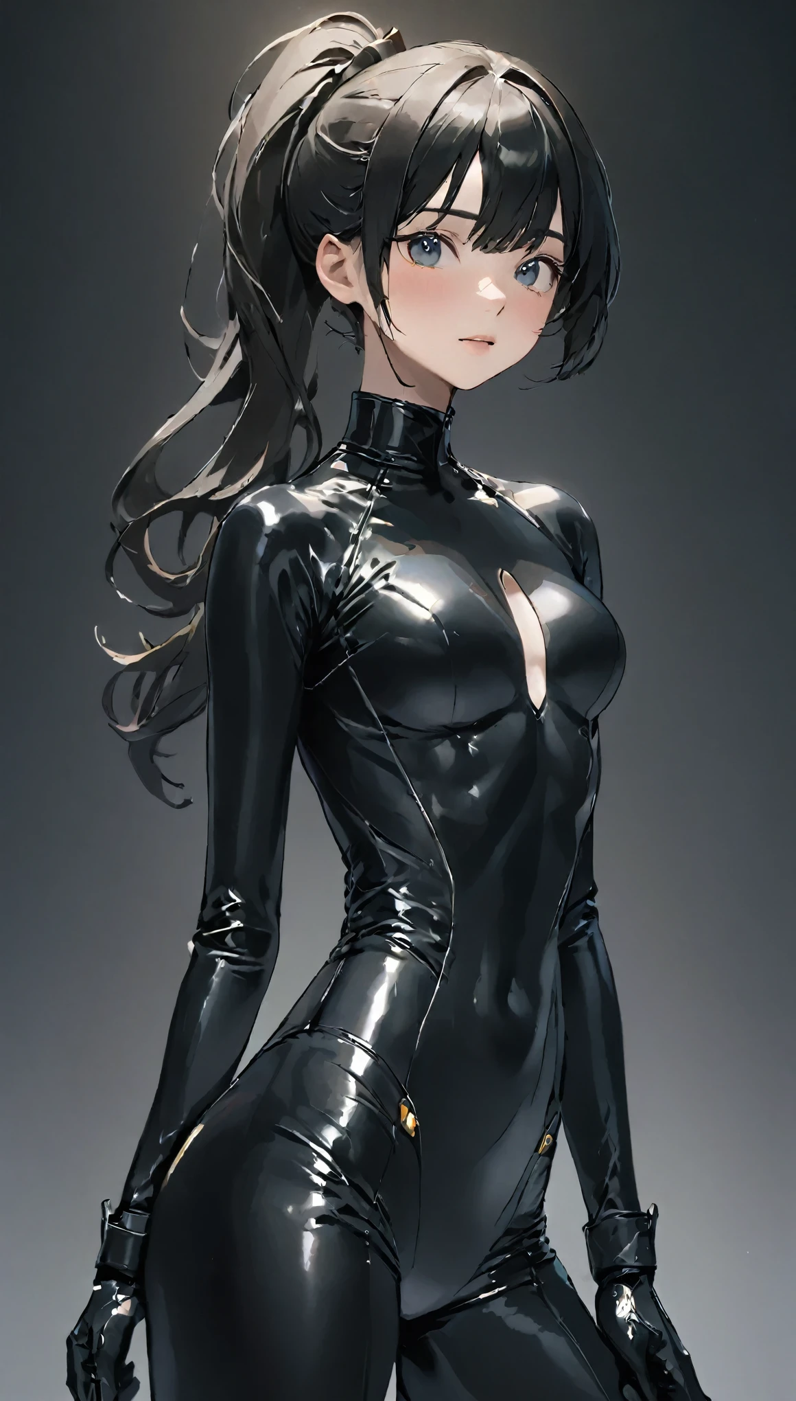 One Girl、spy、Expressionless、All-black latex combat uniform、Ponytail Hair、Bcup chest、Slim Abs、Extremely delicate facial and skin texture、Beautiful woman with perfect figure、Representation of the beauty of the nude body、Humanoid combat weapon、Rubber-like clothing、Sharp eyes、highest quality、masterpiece、Ultra-high resolution、8k