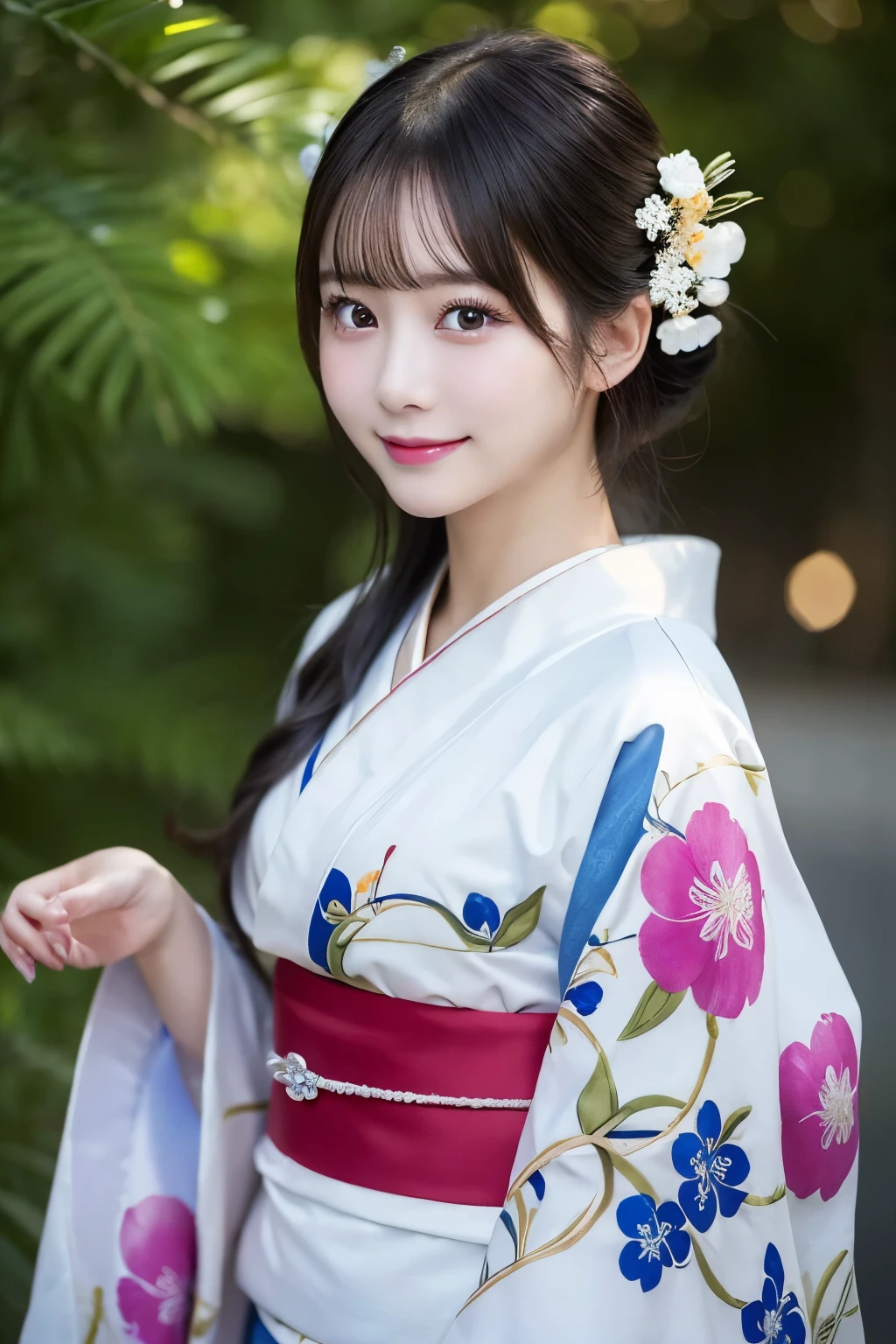 （kimono）、masterpiece、beautiful girl、Beautiful detailed eyes、highest quality, 超A high resolution, (reality: 1.2), Cinema Lighting、(Japanese Girls)、so beautiful、Beautiful Skin、(Looking at the audience)、(Surreal)、(High resolution)、(8k)、(Very detailed)、(Beautiful fine details)、(Very detailed)、 (wallpaper)、Detailed face、Bright lighting、Professional Lighting、Smile