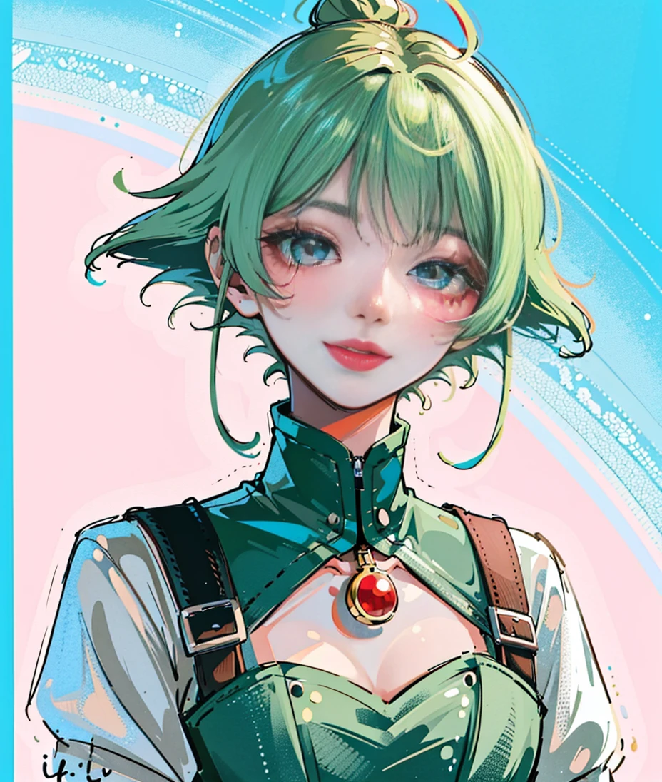 (Super fine CG unified 8K wallpaper, masterpiece, top quality, super fine), (best lighting, best shadows, very delicate and beautiful), winking with a bright smile. Loose-fitting dress, short green hair swinging, framing her beautiful face perfectly. Colorful eyes sparkle.