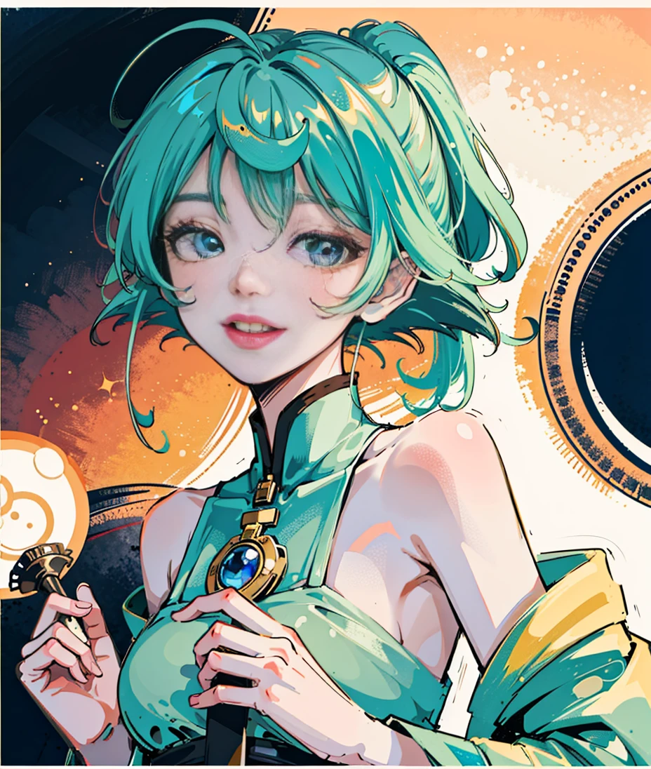 (Super fine CG unified 8K wallpaper, masterpiece, top quality, super fine), (best lighting, best shadows, very delicate and beautiful), winking with a bright smile. Loose-fitting dress, short green hair swinging, framing her beautiful face perfectly. Colorful eyes sparkle.