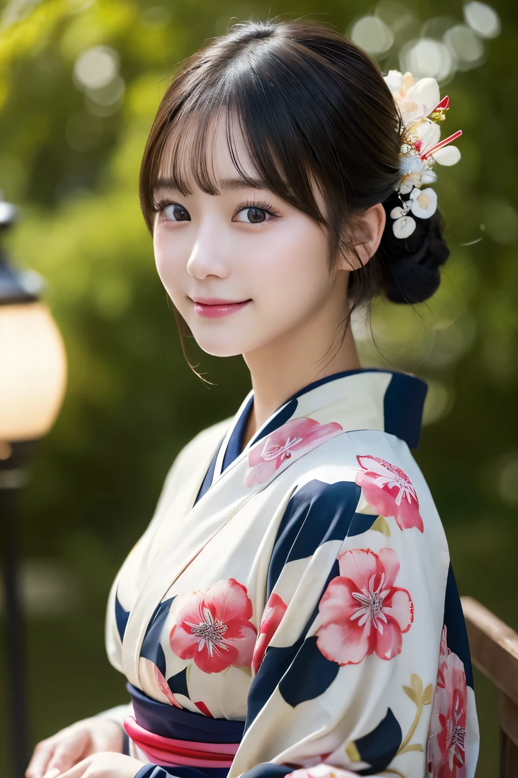 (kimono)、masterpiece、beautiful girl、Beautiful detailed eyes、highest quality, 超A high resolution, (reality: 1.2), Cinema Lighting、(Japanese Girls)、so beautiful、Beautiful Skin、(Looking at the audience)、(Surreal)、(High resolution)、(8k)、(Very detailed)、(Beautiful fine details)、(Very detailed)、 (wallpaper)、Detailed face、Bright lighting、Professional Lighting、Smile