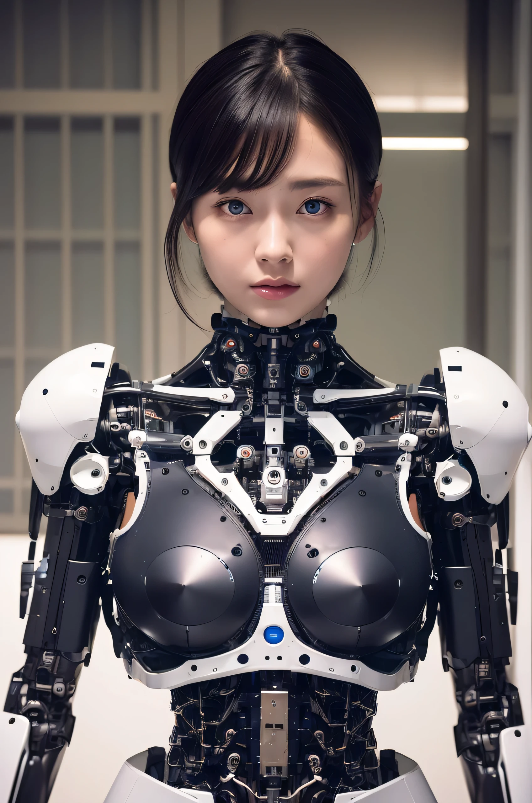 masterpiece, Best Quality, Extremely detailed,  8K portrait,Japaese android woman,Plump,control panels,android,Droid,Mechanical Hand, ,Robot arms and legs, Black hair,Mechanical body,Blunt bangs,White Robotics Parts,perfect robot woman,Charging spot,Long Tube,A thick cable was connected to her neck,ceramic body ,Mechanical body, mechanical ear covers,android,robot humanoid,a bit chubby,panty,She is exhibits,perfect mechanical body,white robotics body,future laboratory,blue eyes