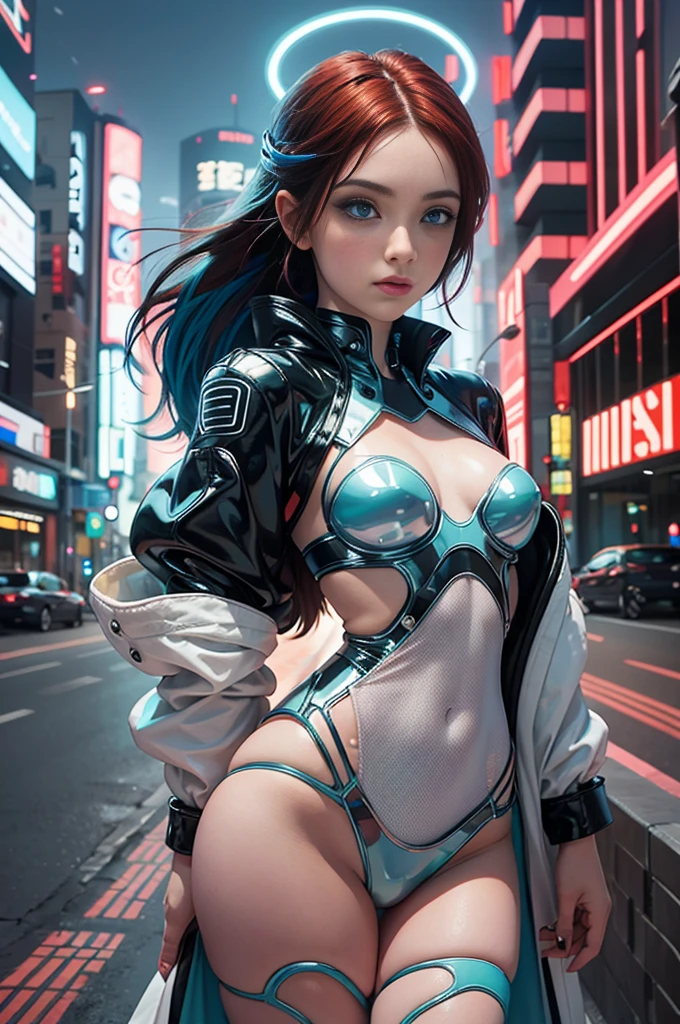 1 girl, solamente, (NSFW), Cute 18-year-old red-haired girl with two tails, ((cuerpo femenino perfecto)), (Maquillaje de cara linda), multiple (cabello color arco iris: 1.2), (Hermosos ojos azules detallados: 1.6), (Ojos fotorrealistas: 1.6), feliz, Ucraniano, (Small body), ((small hips)), white pale skin, (Micro Bikini), ((pantimedias finas: 1.6)), (("TRON LEGACY ciudad futurista" fondo de estilo)), (Noche:1.2), Foto realista.