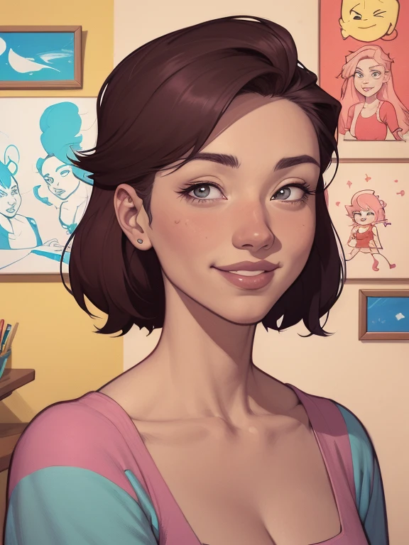 um desenho animado de uma mulher com um sorriso no rosto, retrato de desenho animado, arte dos desenhos animadosstyle, pintura digital de desenho animado, por Jason Chan, arte de pintura digital dos desenhos animados, arte digital dos desenhos animados, arte dos desenhos animados style, arte dos desenhos animados, por Ryan Yee, desenho animado de arte digital, cartoon style illustration, em estilo cartoon, arte conceitual de desenho animado, desenho animado realista, Design de personagens de retrato