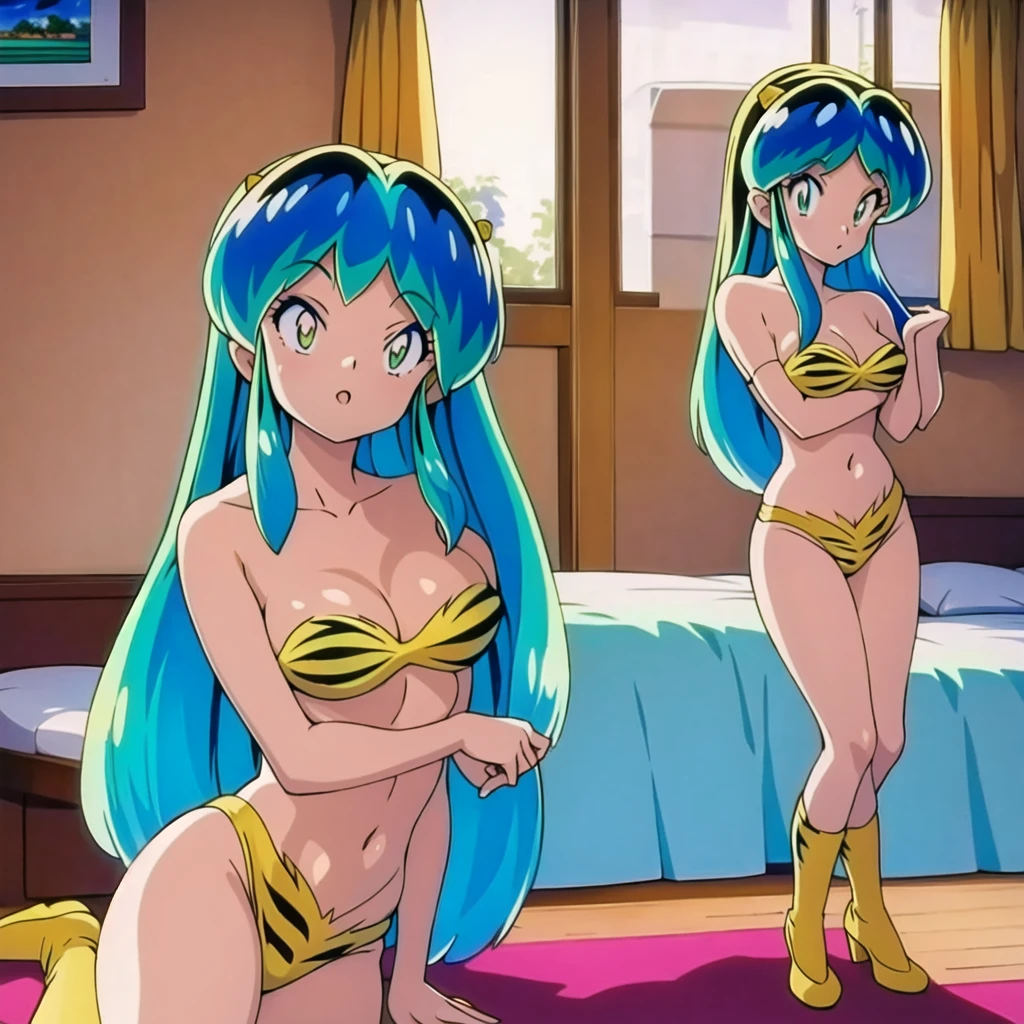 (masterpiece, best quality:1.2), 1girl, solo, Urusei Yatsura sleeping on a bed. In a motel room of USA. High detailed fornitures.