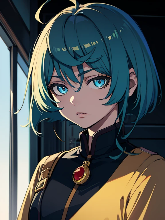 a woman with blue hair and a black jacket, beautiful natural lighting, yellow eye, pretty clothing!, 1 9 th, natural short hair, beautiful goddess, sultry look, light borwn hair, wear's beige shirt, morning light, looking exhausted, ultra detailed, best quality, expressive eyes, perfect face,