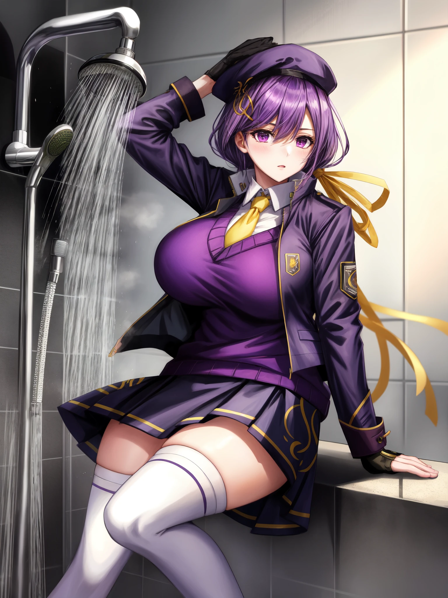 eltnum, purple jacket, purple sweater, sweater vest, white thighhighs, yellow necktie, purple headwear, purple skirt, single glove
masterpiece, best quality, absurdres, shower, huge breasts