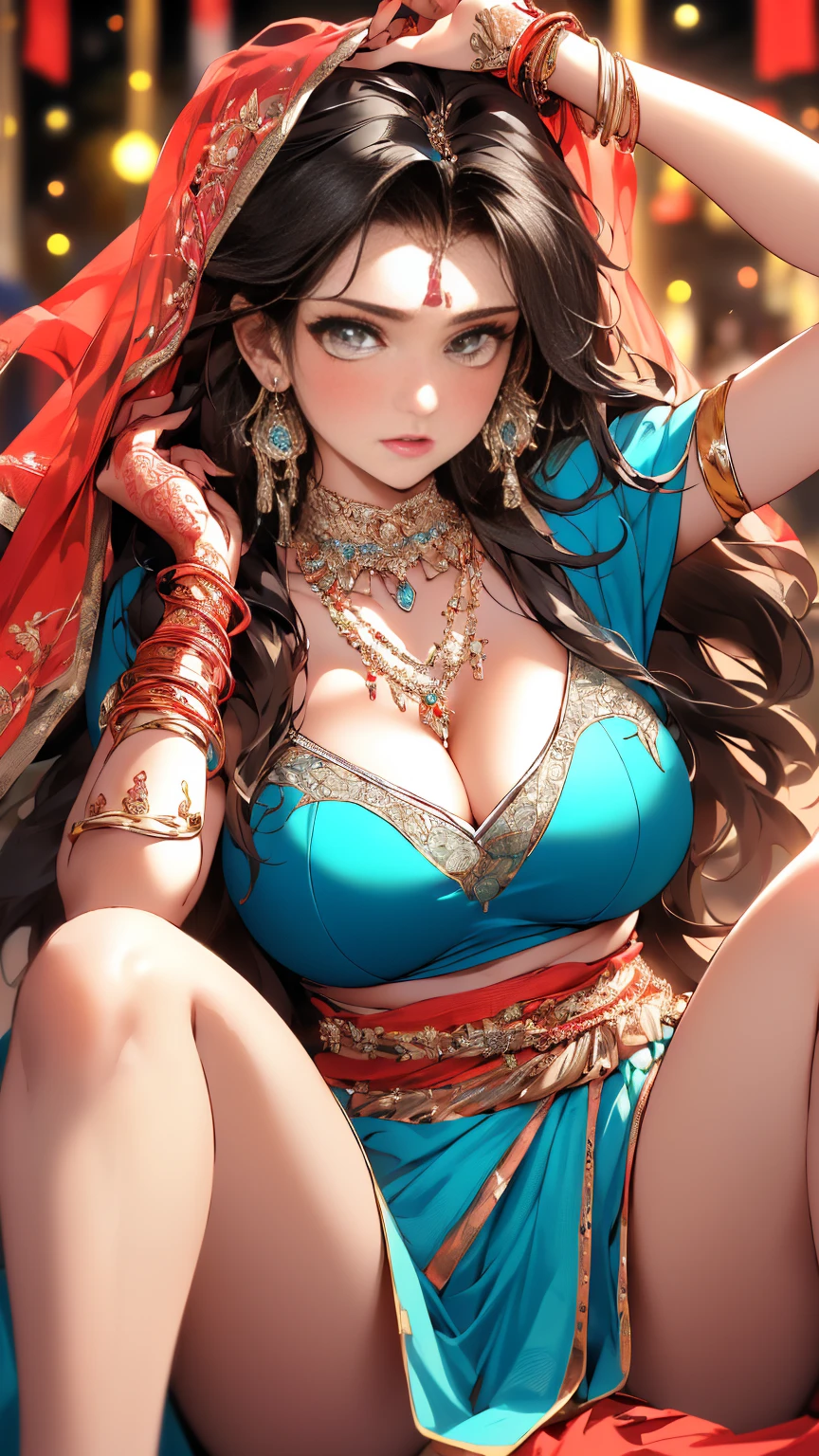 8K, masterpiece, best quality, self -confident online punk girl, (seven -clinging photography), harp style fashion clothing, bold colors and patterns, eye -catching accessories, fashionable and innovative hairstyles, vibrant lights, bright and vivid and vivid Coloring schemes, large animation breasts, illustrations, detailed skin texture, detailed fabric texture, beautiful and delicate face, intricate details, super detailed. (Huge perky breasts, huge breasts, cleavage 1.4), curvy, chubby, plus size model, thick thighs, ((Indian woman, Indian Bride, Indian wedding)) ((lots of jewellries, ear rings, nose ring, bangles, ornaments, waist chain, )) (((3 necklace, waist chains))) ((Red colour embroidered bridal dress, long skirt))((oily skin, shiny skin))((sitting, legs up, spreading legs wide open, m shaped legs))((one hand in hair ))((big perky breasts, deep cleavage 2.8, ))) black netted panties((group of 3 women))((one hand in hair and one hand on crotch)) proper full panties, cameltoe 1.8