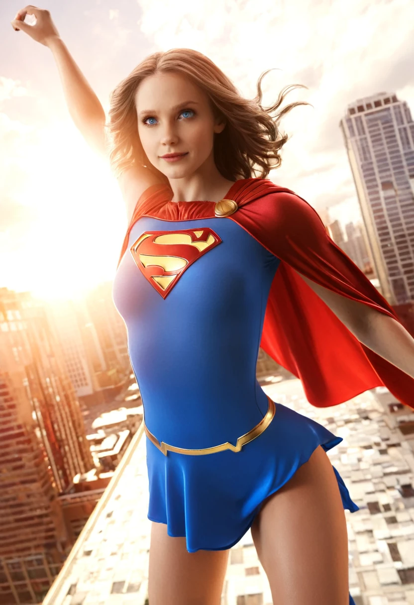 solo, 1girl, m3l1ss, supergirl, brown hair, s0p3r6m3l1s4-smf, blue eyes, blue bodysuit, red cape, realistic,, animification, skirt, flying, buildings, sky, clouds, sun light, hands behind back