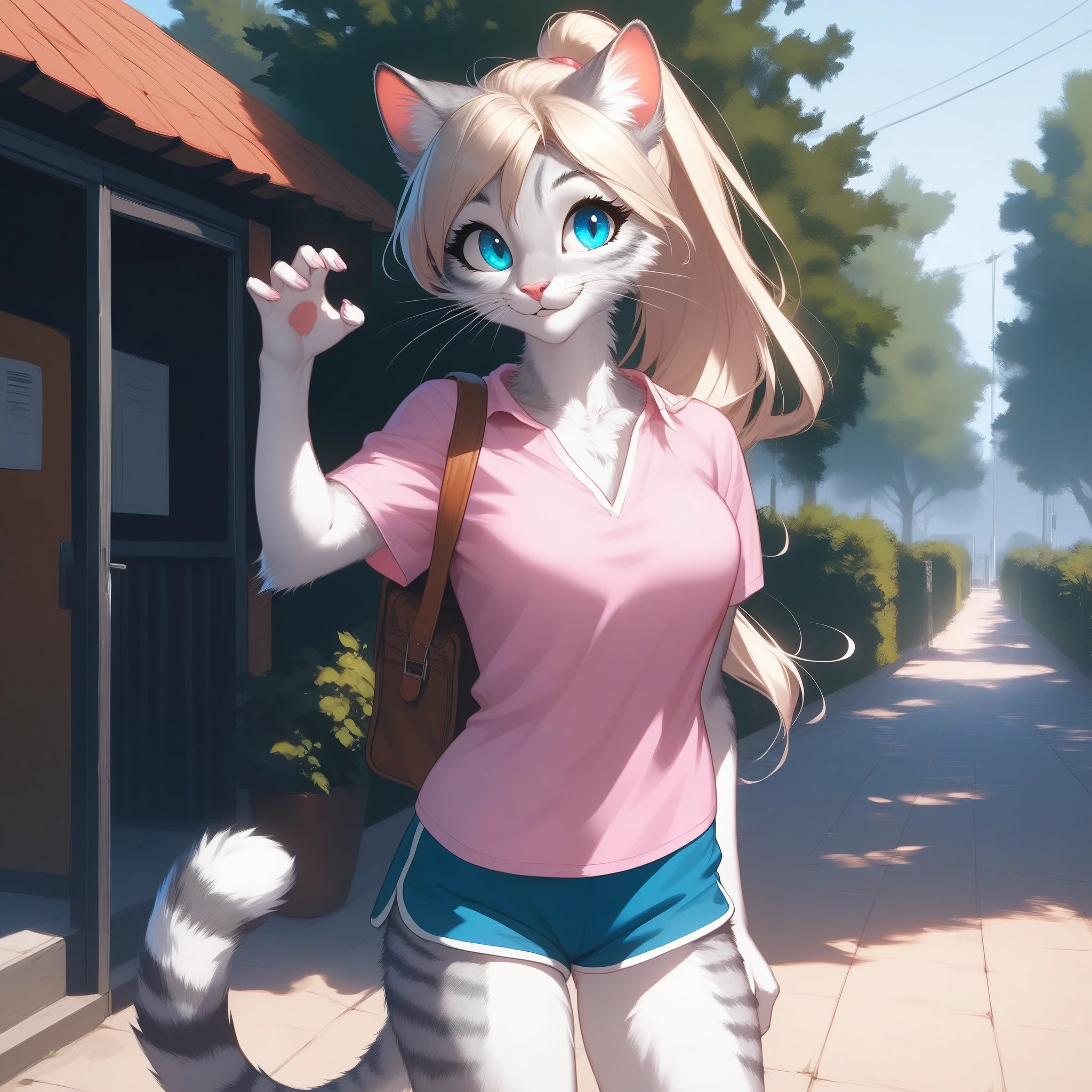 score_9,score_8_up,score_7_up, source_cartoon, source_furry, Kat, a cute Anthro furry feline girl, tall body, hourglass figure, adult female, blue eyes, :3, silver fur, long blonde hair, hair in a ponytail, white whiskers, pink nose, wearing pink shirt, white short shorts, bashful pose, hands behind her back, standing, smiling, outdoors, in a large school campus, school background
