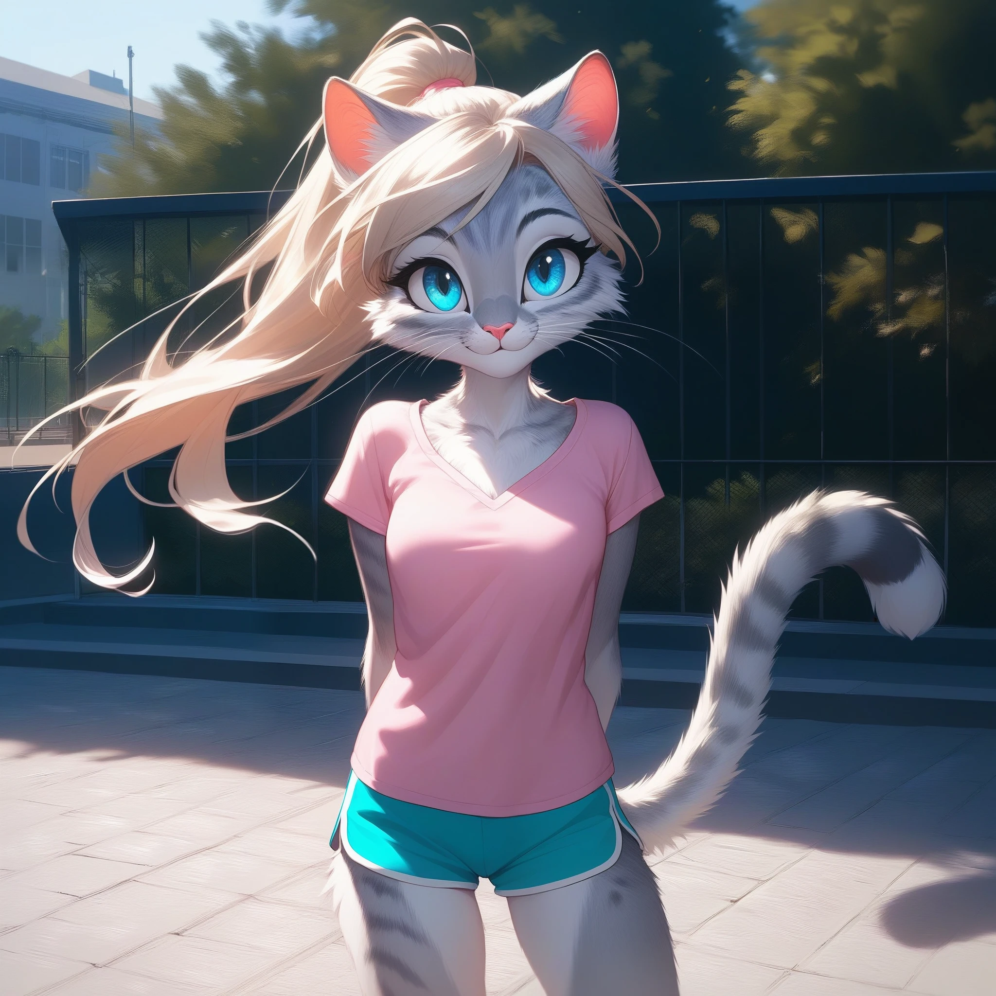 score_9,score_8_up,score_7_up, source_cartoon, source_furry, Kat, a cute Anthro furry feline girl, tall body, hourglass figure, adult female, blue eyes, :3, silver fur, long blonde hair, hair in a ponytail, white whiskers, pink nose, wearing pink shirt, white short shorts, bashful pose, hands behind her back, standing, smiling, outdoors, in a large school campus, school background