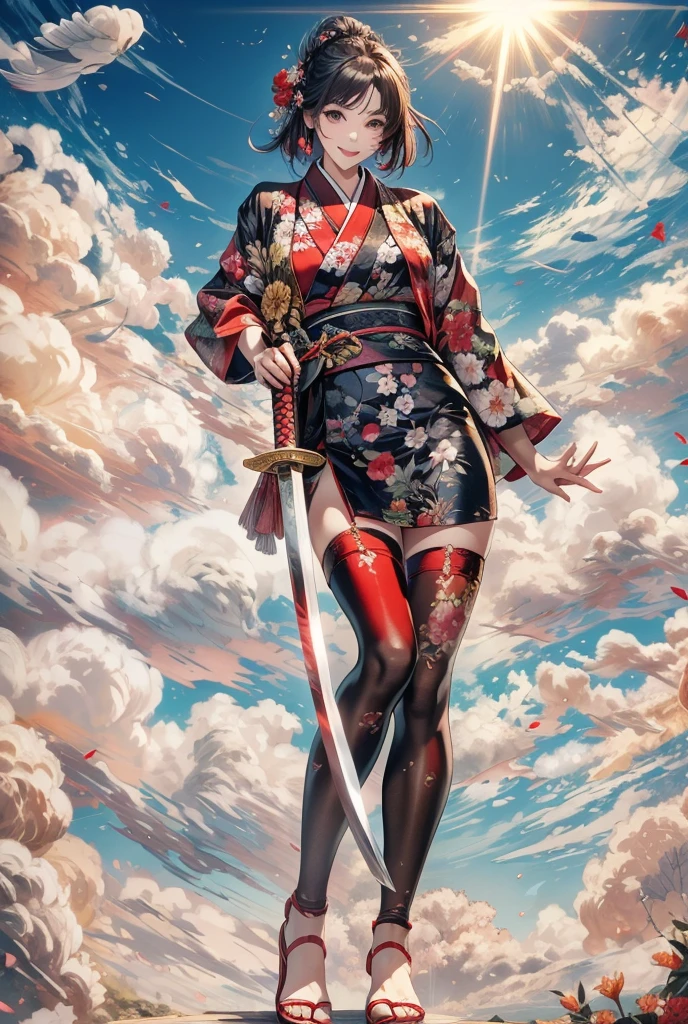 Laugh with your mouth open、elevate the nose、smile、Holding a Japanese sword in his right hand、The Japanese sword in his right hand is shining brightly..、cute、beauty、Big eyes、Long eyelashes、8k、Are you okay、highest quality、Big red flower hair ornament、Bright red fabric kimono、Golden Flower々A kimono with a flashy pattern、The kimono is short、Wear lots of big white flower hair ornaments、Black lacquer footwear、The morning sunlight shines in、Relieved expression、幸せそうなsmile、Sengoku period、blue sky、There are few clouds、The left hand is clenched、The right hand holds the sword、空にはblue skyと少しの雲だけ、The black skirt also has the same red and white floral pattern as the kimono.、The black stockings also have the same red and white floral pattern as the kimono.、The face remains the same、The sun is shining brightly、smile