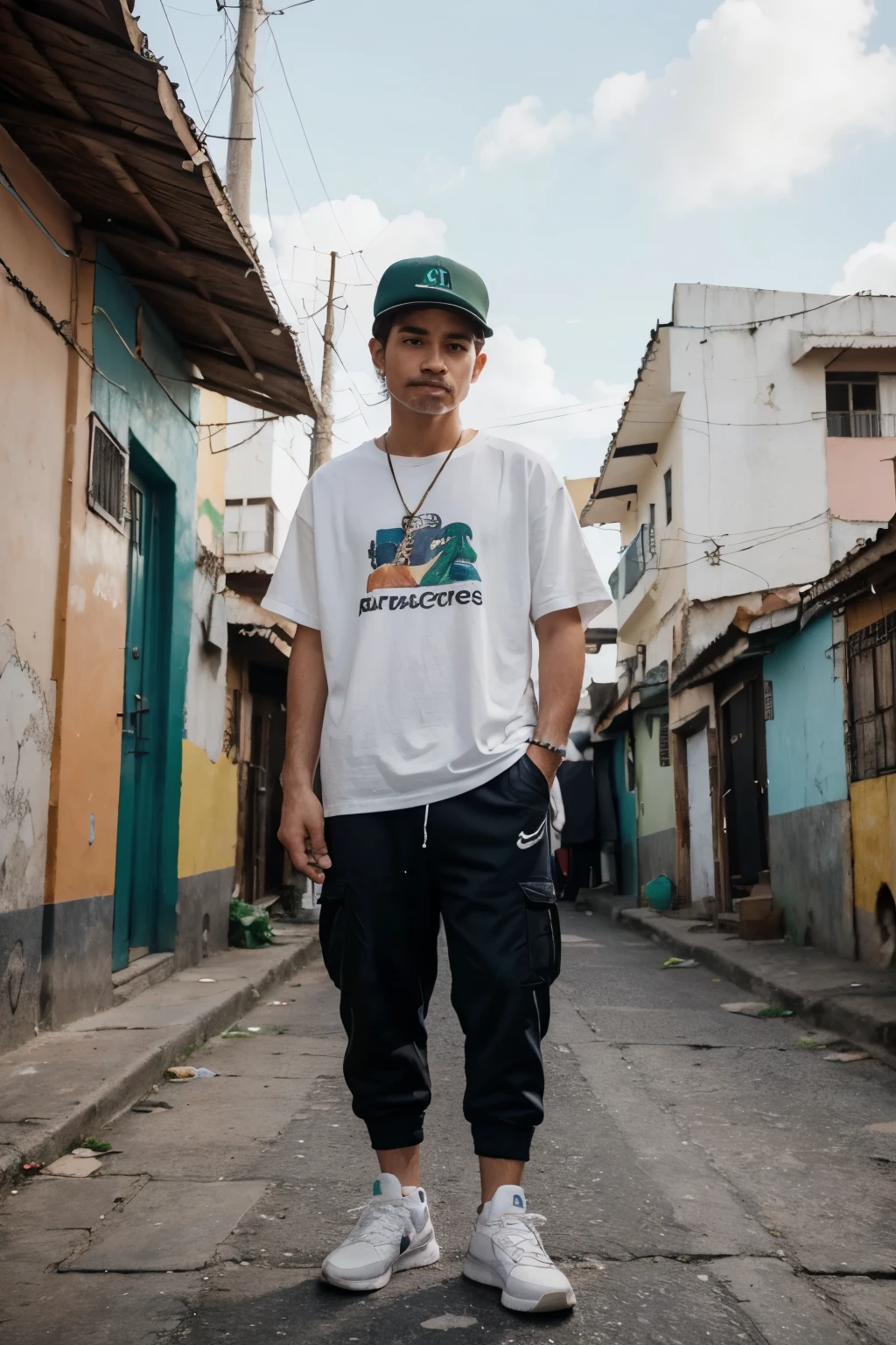 "Create a high-quality image with advanced levels of detail, in a cinematic style with a children's drawing theme. The image should depict a young white wizard, holding a wooden staff in one hand and a microphone in the other, with a JBL-style speaker beside him. He should be wearing typical Brazilian favela clothing, including a Lacoste shirt and Nike sneakers, while retaining the essence of a wizard with a wizard hat and a short, neatly trimmed mustache. The background should be a vibrant favela with lively colors, seamlessly blending Brazilian urban culture with magical elements."
