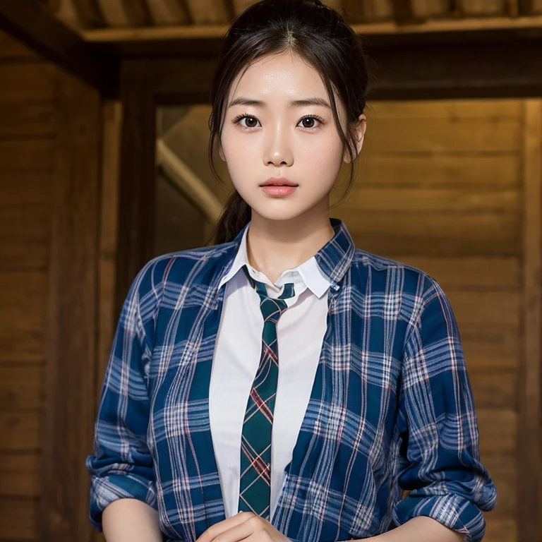 young asian woman, 25 years old, beautiful, ponytail,long, flowing, flowing up. A clear and detailed face, 8ก,Wear a red, green and blue plaid shirt. expensive silk., In the open countryside there are thatched huts with red flowers.. different behavior gestures, Take photos 16k,With a high quality Fuji camera.,45,000,000 pixels