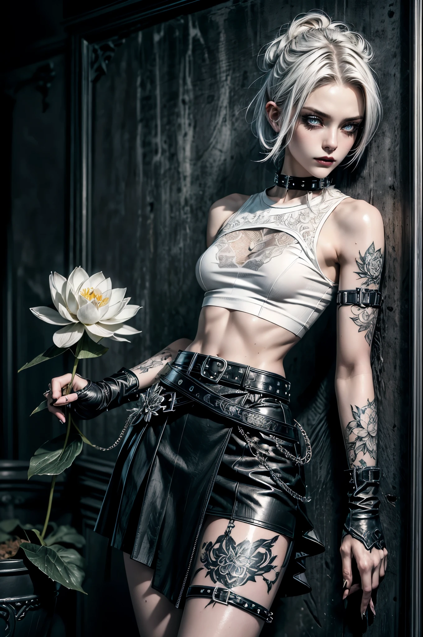 (Detailed illustrations, Very detailed and detailed drawing, Delicate lines with slow and rapid, Realistic texture expression), One woman with very short white hair with black tips, ( emo hairstyle, ), goth, pale white skin, evil smirk, (girls bedroom background), dark lighting, cold atmosphere, lore_Emma , pink eyes , dark eyeliner, (ultra dark glossy black lipstick), bored expression, gorgeous face , super cute, 18 years old , hyper detailed face, (super skinny figure , medium breast, thin waist), back leaning against wall, slim legs, slim hips, LowriseXL, (ultra low rise wet look shiny leather skirt with transparent flower pattern), (mesh shirt with flower pattern under (white transparent loose silk t-shirt) with bare shoulders), black choker, vulva tattoo, black hairband, (white lotus flower in hair), ((flower pattern tattoo)), fingerless leather gloves, (black nail polish), faded tattoo's, ((thigh belt)), ((hip chains)), ((belt hanging on hip)), ((many studded belts)), (((right arm back against wall))), (((left hand behind head)))