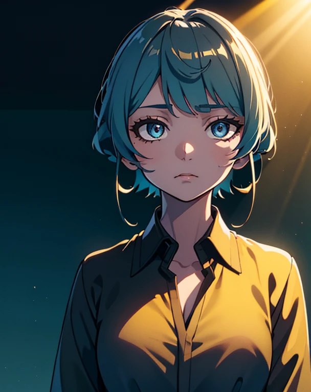 a woman with blue hair and a black jacket, beautiful natural lighting, yellow eye, pretty clothing!, 1 9 th, natural short hair, beautiful goddess, sultry look, light borwn hair, wear's beige shirt, morning light, looking exhausted, ultra detailed, best quality, expressive eyes, perfect face,