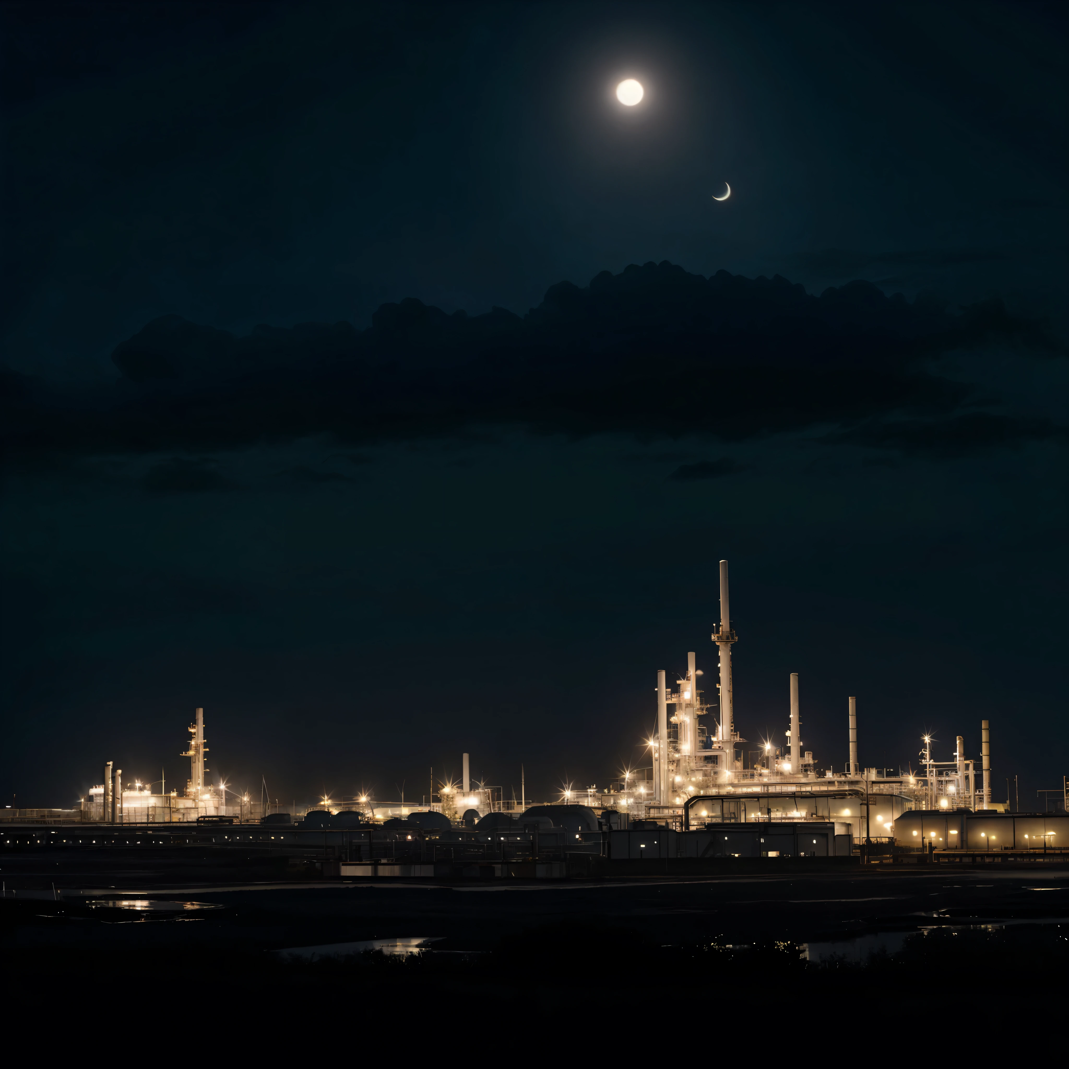 realistic, surreal, cinematic lighting, 32k, 1 Female Backlight, (bright light:1.2), (Improvement of quality:1.4), matte texture、Heavy Chemical Industry Plant、Oil Refinery、late night、night sky、A large crescent moon over the factory、The compression effect of the telephoto lens makes the moon appear larger、