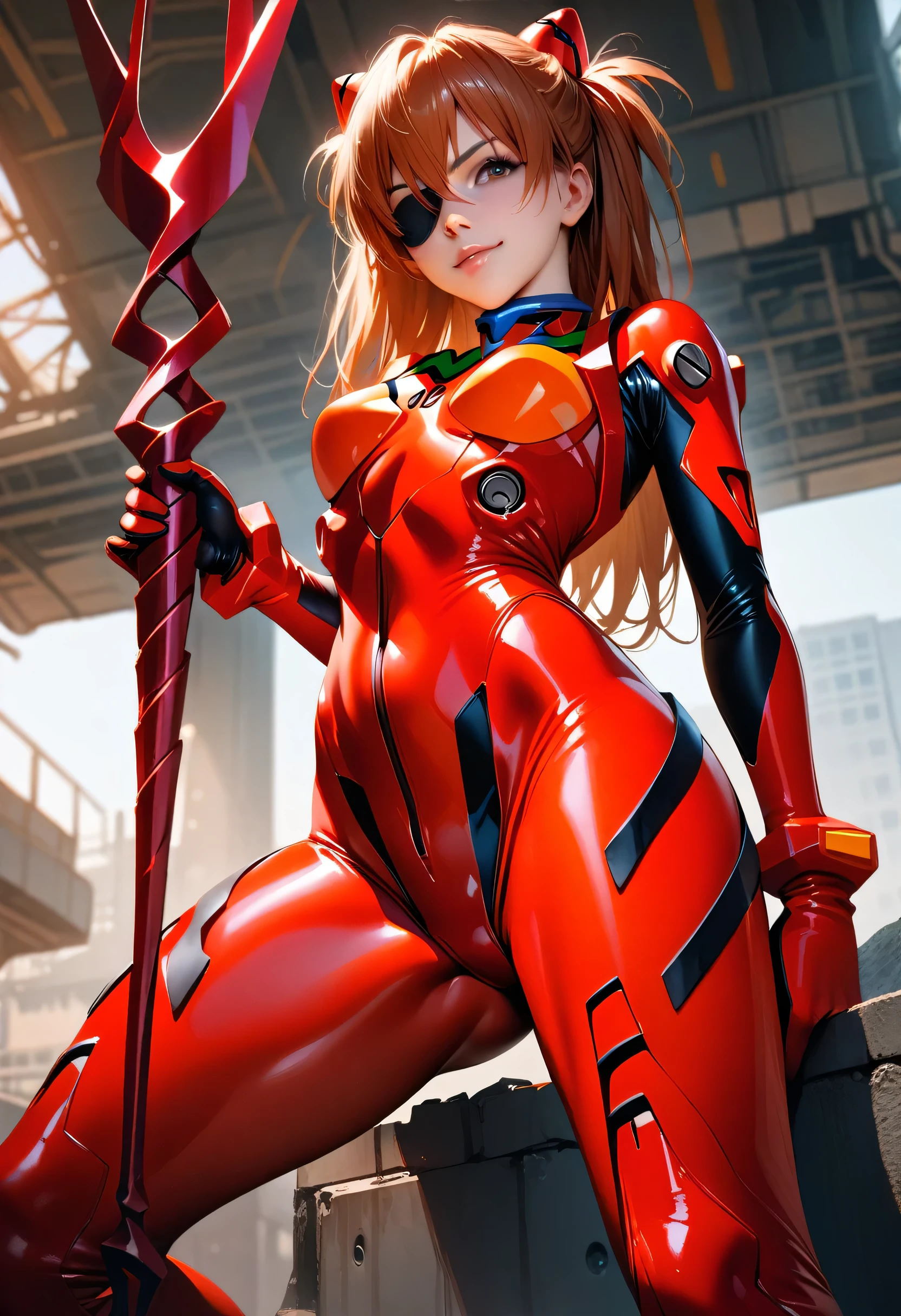 perfect hands, perfect finger,perfect anatomy, masterpiece, best quality,realistic, hyperrealistic, 16k hdr,1girl, souryuu asuka langley, neon genesis evangelion, rebuild of evangelion, lance of longinus, plugsuit, pilot suit, red bodysuit, standing,spread legs, black eye patch, looking down, from bottom, looking at viewer, outdoor,military base,smile