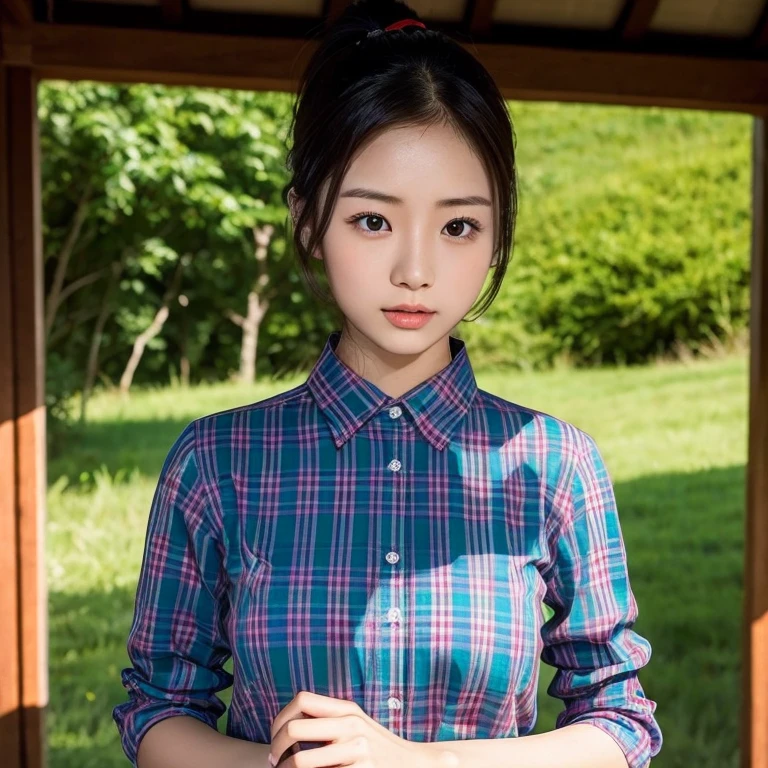 young asian woman, 25 years old, beautiful, ponytail,long, flowing, flowing up. A clear and detailed face, 8ก,Wear a red, green and blue plaid shirt. expensive silk., In the open countryside there are thatched huts with red flowers.. different behavior gestures, Take photos 16k,With a high quality Fuji camera.,45,000,000 pixels