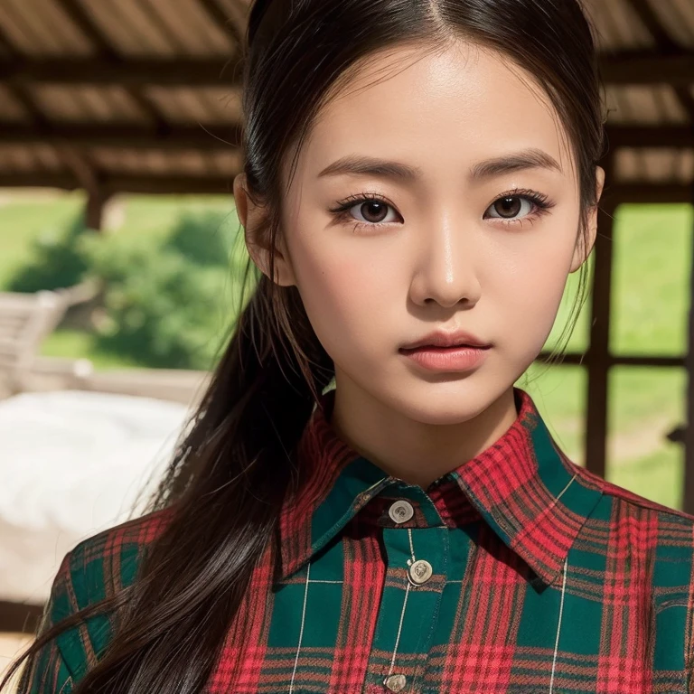young asian woman, 25 years old, beautiful, ponytail,long, flowing, flowing up. A clear and detailed face, 8ก,Wear a red, green and blue plaid shirt. expensive silk., In the open countryside there are thatched huts with red flowers.. different behavior gestures, Take photos 16k,With a high quality Fuji camera.,45,000,000 pixels