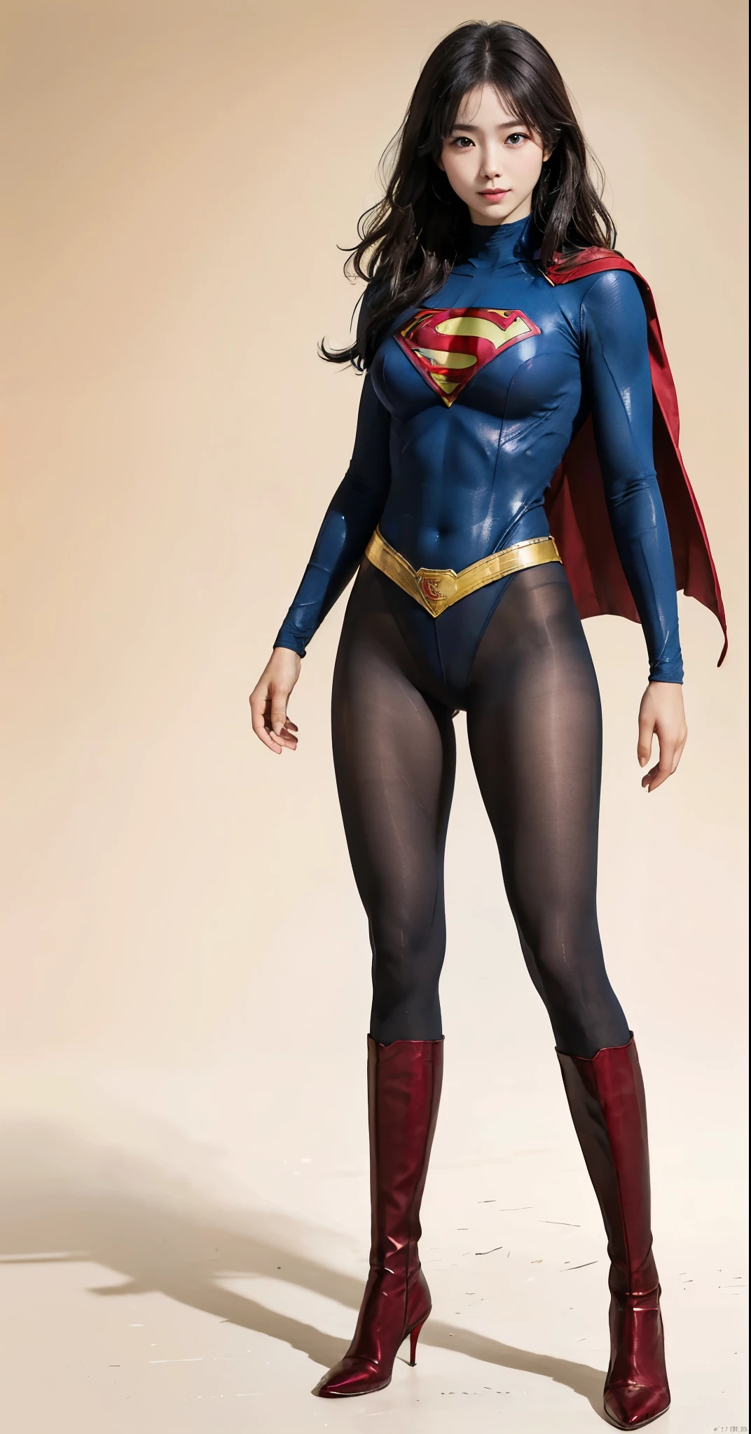 No background、(((Beautiful legs in black tights.)))、(((Legally express the beauty of your smile)))、((((Make the most of your original images)))、(((Supergirl Costume)))、(((Beautiful hairstyle)))、(((suffering)))、(((Please wear black tights....、Wear red boots)))、((Best image quality、8k))、((highest quality、8k、masterpiece:1.3))、(((Preserve background )))、Sharp focus:1.2、Beautiful woman with perfect figure:1.4、Slim Abs:1.2、Wet body:1.5、Highly detailed face and skin texture、8k