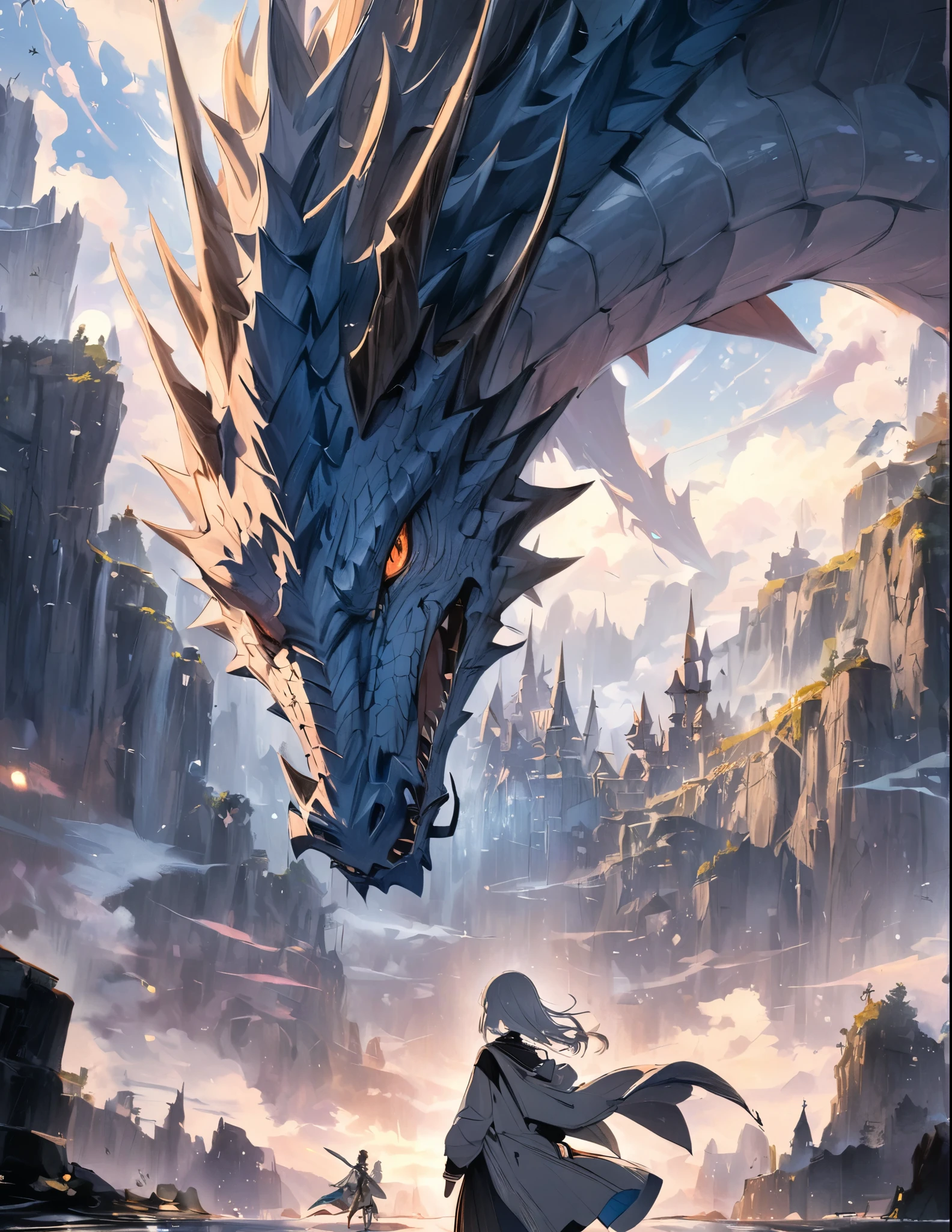 ((style:Colored pencil,pale colour))、(anime)、(masterpiece:1.2),atmospheric perspective,lens flare、Dragon、Dragon Knight、Otherworldly fantasy、cute
