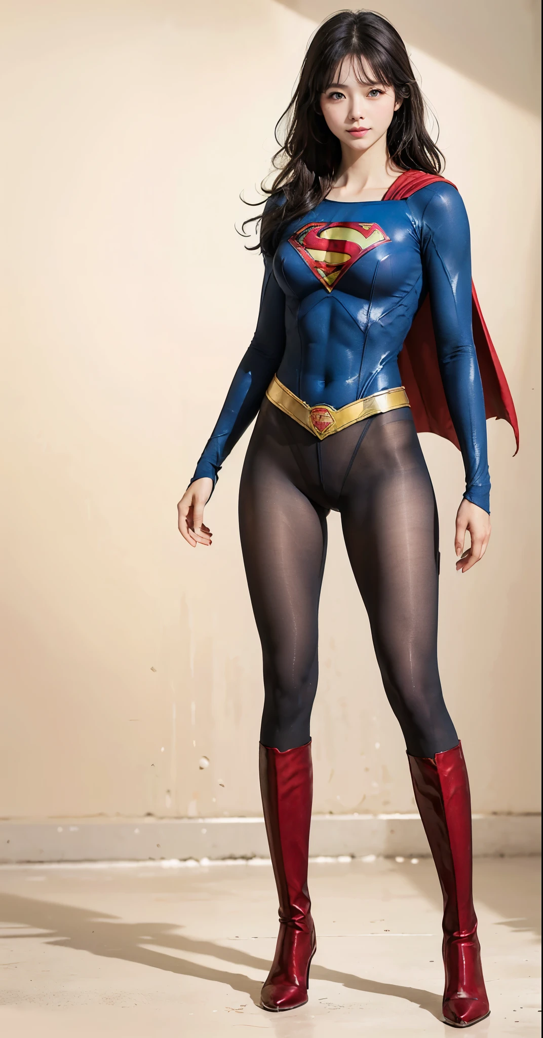 No background、(((Beautiful legs in black tights.)))、(((Legally express the beauty of your smile)))、((((Make the most of your original images)))、(((Supergirl Costume)))、(((Beautiful hairstyle)))、(((suffering)))、(((Please wear black tights....、Wear red boots)))、((Best image quality、8k))、((highest quality、8k、masterpiece:1.3))、(((Preserve background )))、Sharp focus:1.2、Beautiful woman with perfect figure:1.4、Slim Abs:1.2、Wet body:1.5、Highly detailed face and skin texture、8k