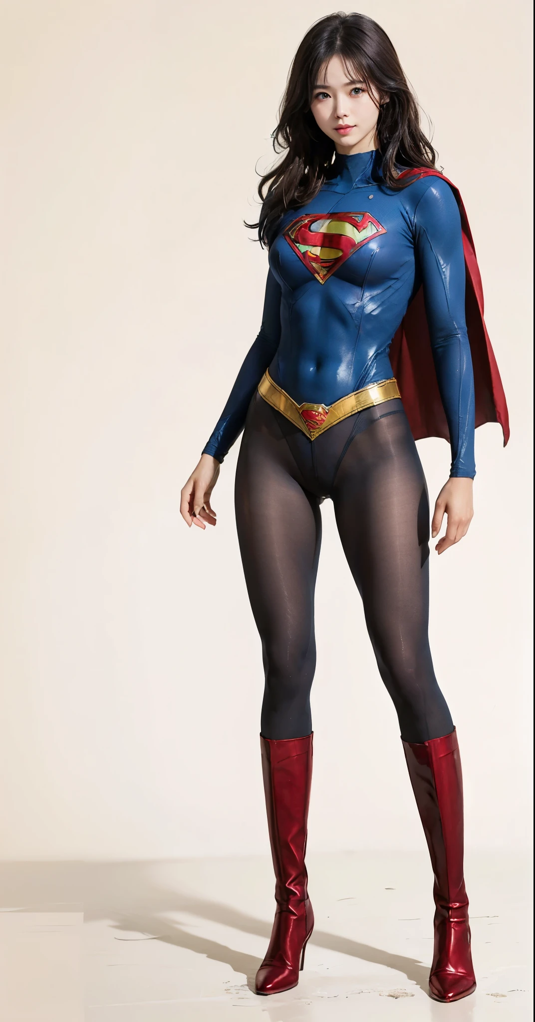 No background、(((Beautiful legs in black tights.)))、(((Legally express the beauty of your smile)))、((((Make the most of your original images)))、(((Supergirl Costume)))、(((Beautiful hairstyle)))、(((suffering)))、(((Please wear black tights....、Wear red boots)))、((Best image quality、8k))、((highest quality、8k、masterpiece:1.3))、(((Preserve background )))、Sharp focus:1.2、Beautiful woman with perfect figure:1.4、Slim Abs:1.2、Wet body:1.5、Highly detailed face and skin texture、8k