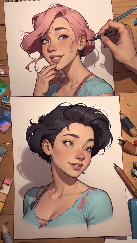 um desenho animado de uma mulher com um sorriso no rosto, retrato de desenho animado, arte dos desenhos animadosstyle, pintura digital de desenho animado, por Jason Chan, arte de pintura digital dos desenhos animados, arte digital dos desenhos animados, arte dos desenhos animados style, arte dos desenhos animados, por Ryan Yee, desenho animado de arte digital, cartoon style illustration, em estilo cartoon, arte conceitual de desenho animado, desenho animado realista, Design de personagens de retrato