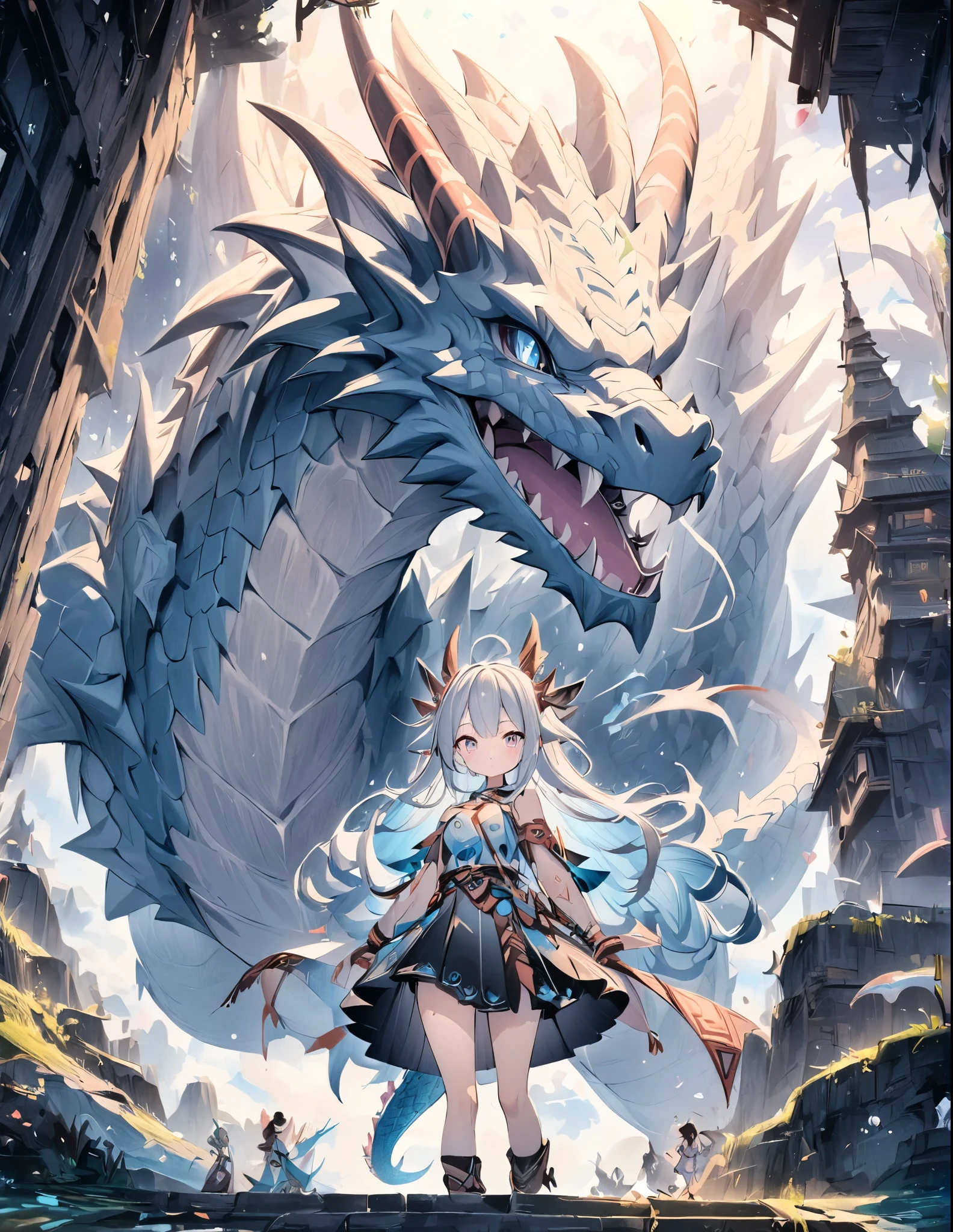 ((style:Colored pencil,pale colour))、(anime)、(masterpiece:1.2),atmospheric perspective,lens flare、Dragon、Dragon Tribe Girl、Otherworldly fantasy、cute