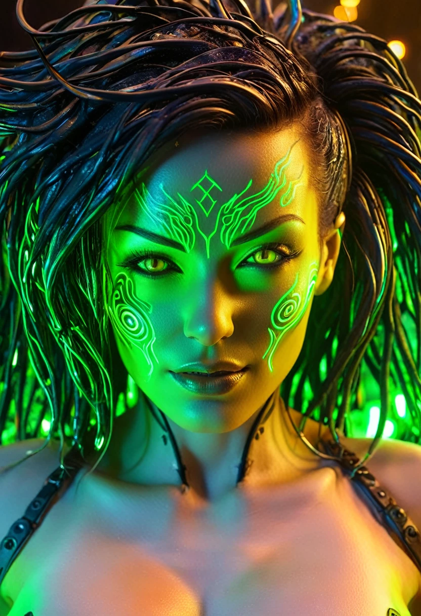 a close up of a person with a face with glowing lights, cyberpunk medusa, shodan from system shock 2, system shock 2, cyberpunk face, cyberpunk angry gorgeous druid, complex cybernetic beings, cyborg goddess in cosmos, cyberpunk angry gorgeous goddess, advanced digital cyberpunk art, depraved cybernetic demon, psytrance and giger, cybernetic glowing