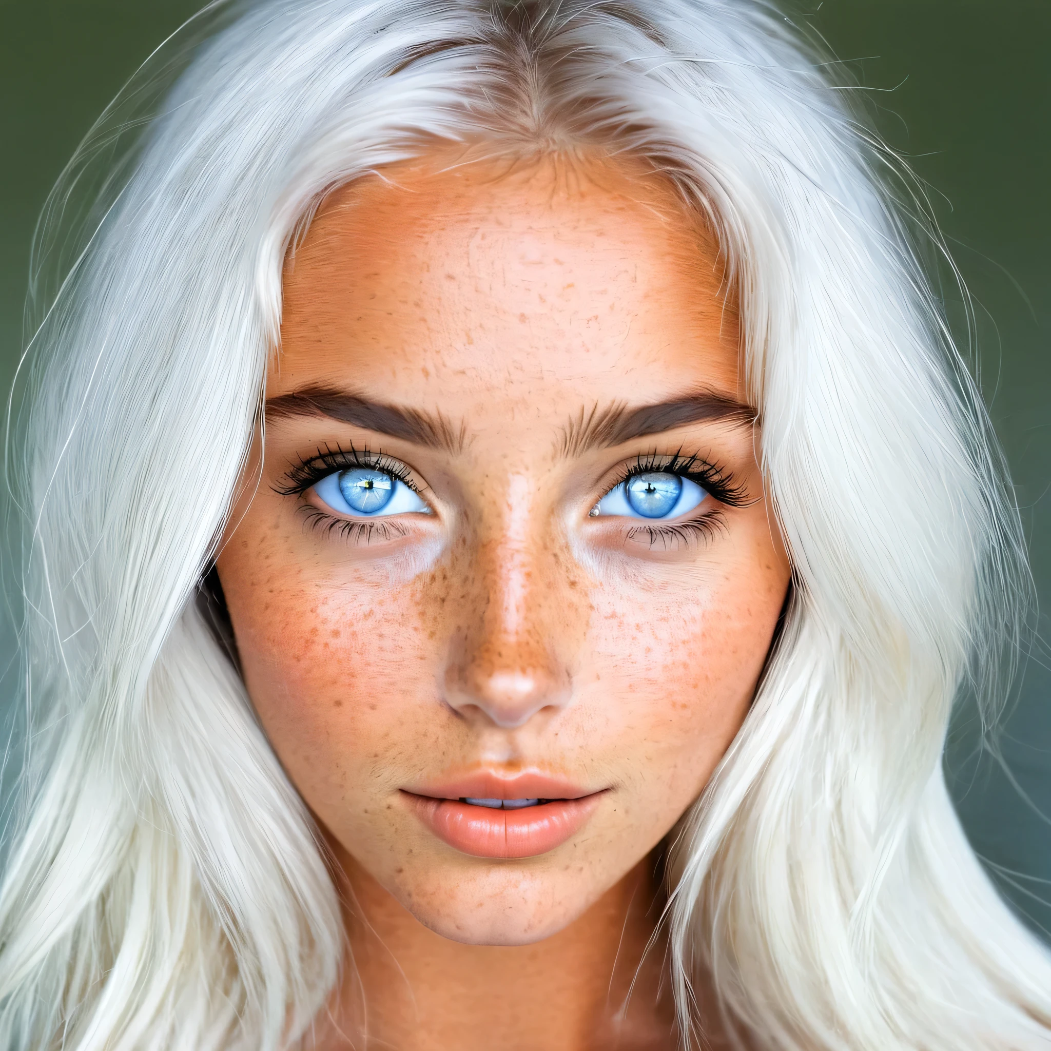 22 year old woman, sensual face, natural blue eyes, fox eyes, freckles on her face, full mouth, tanned, Californian style, long white hair