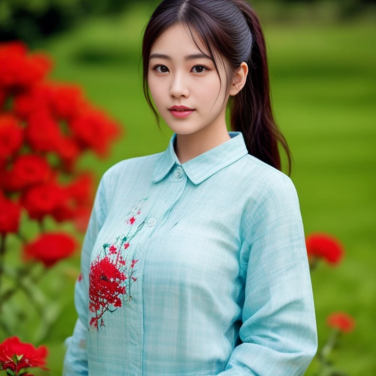 young asian woman, 25 years old, beautiful, Chest measurement 36 inches., ponytail,long, flowing, flowing up. A clear and detailed face, 8ก,Wear a red, green and blue plaid shirt. expensive silk., In the open countryside there are thatched huts with red flowers.. different behavior gestures, Take photos 16k,With a high quality Fuji camera.,45,000,000 pixels
