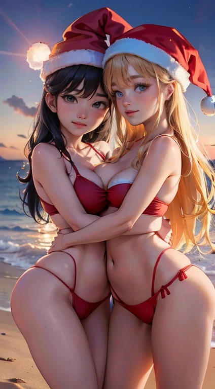 2 mulheres na praia, wearing Santa Claus hats, drinks in hand, they are in two piece bikini swimsuits, happy looking tempting skinship vibes, hugged, no estilo de anime, retratos simplificados e estilizados, soft lighting, brilhante/lustroso