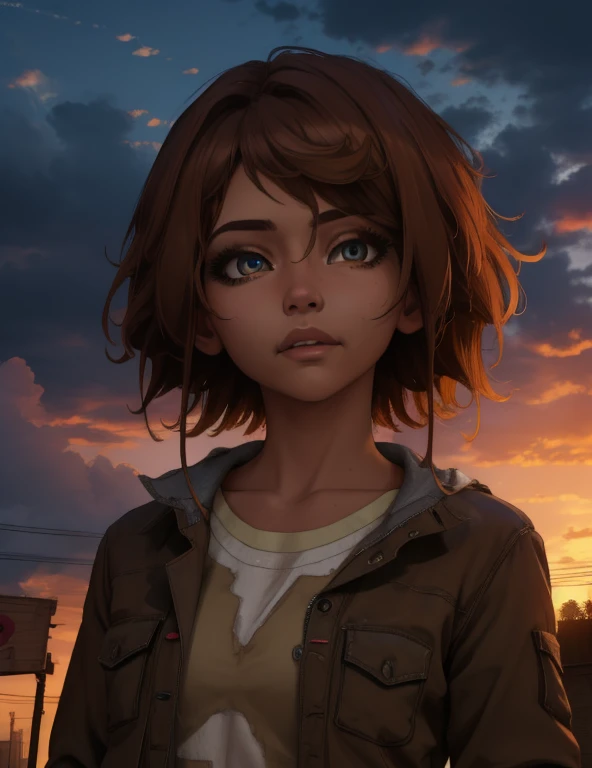 Clementine, brown hair, brown eyes,  medium hair, 
dirty clothes, white shirt,   medium breasts, 
 standing,   leaning to the side, 
cloudy, dusk,  junkyard, 
(insanely detailed, beautiful detailed face,beautiful detailed eyes, masterpiece, best quality),
 