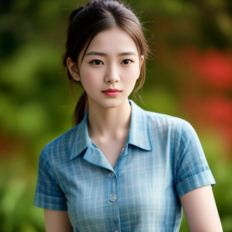young asian woman, 25 years old, beautiful, Chest measurement 36 inches., ponytail,long, flowing, flowing up. A clear and detailed face, 8ก,Wear a red, green and blue plaid shirt. expensive silk., In the open countryside there are thatched huts with red flowers.. different behavior gestures, Take photos 16k,With a high quality Fuji camera.,45,000,000 pixels