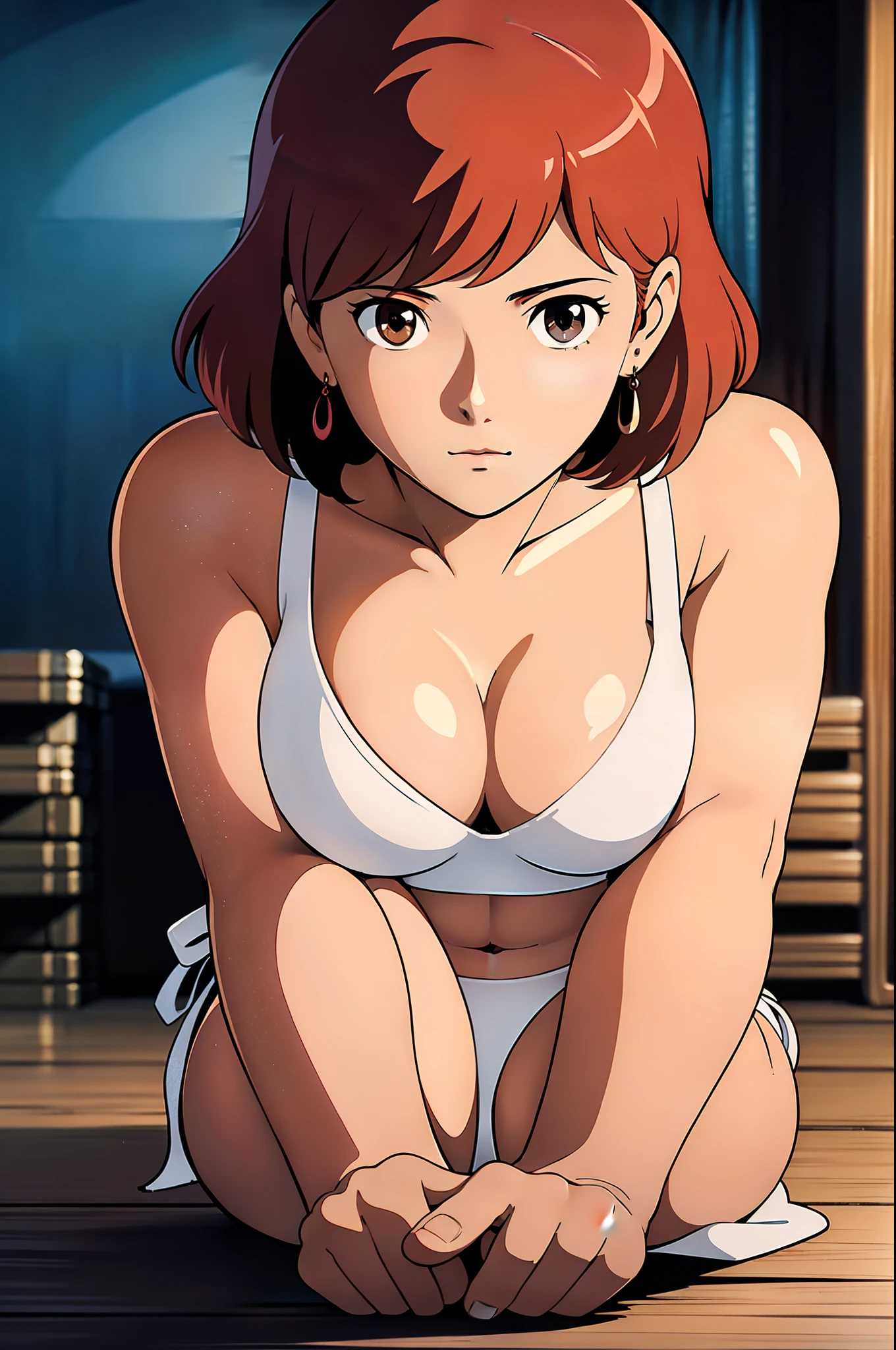 Nausicaa, 1 girl, alone, cute, shy, （カメラeye線）、Red earrings, Brown Hair, (Watching from afar, Cleavage), Upper Body, (White Bikini), sit, On the floor, (Perfectly detailed anatomy, Beautiful Face&eye)